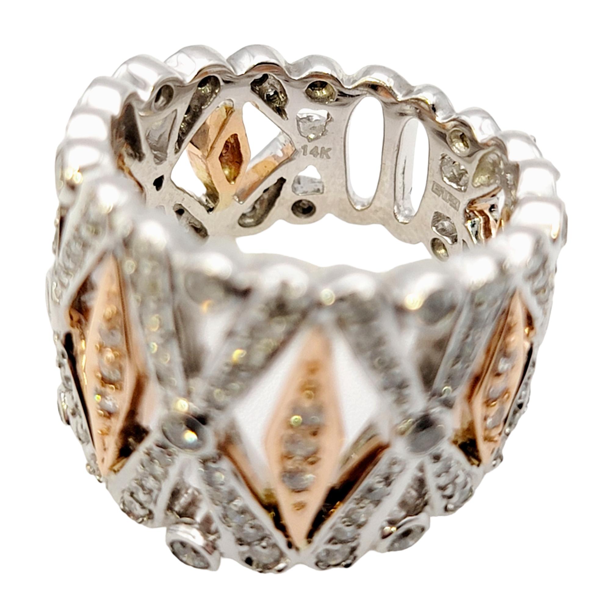 Effy Pave Diamond Graduated 'X' Band Ring in 14 Karat White and Rose Gold In Good Condition For Sale In Scottsdale, AZ