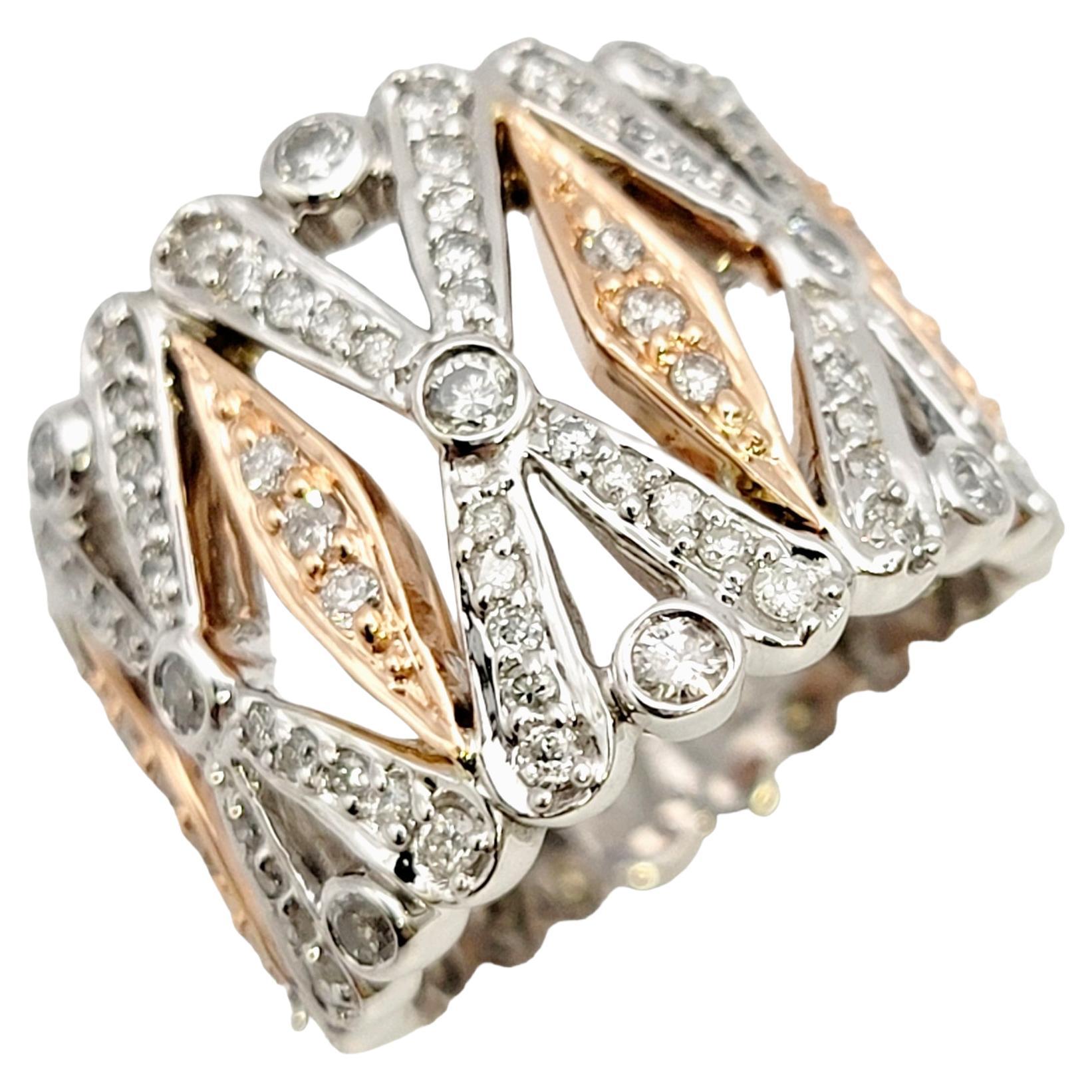 Effy Pave Diamond Graduated 'X' Band Ring in 14 Karat White and Rose Gold For Sale