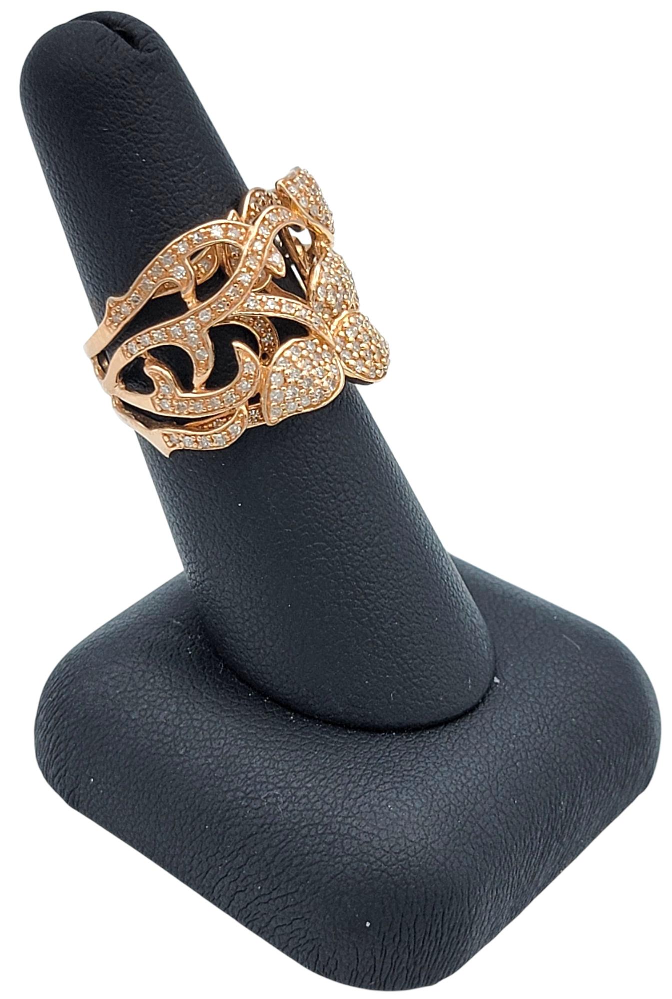 Effy Pavé Diamond Layered Ornate Leaf Motif Wide Band Ring in 14 Karat Rose Gold For Sale 6