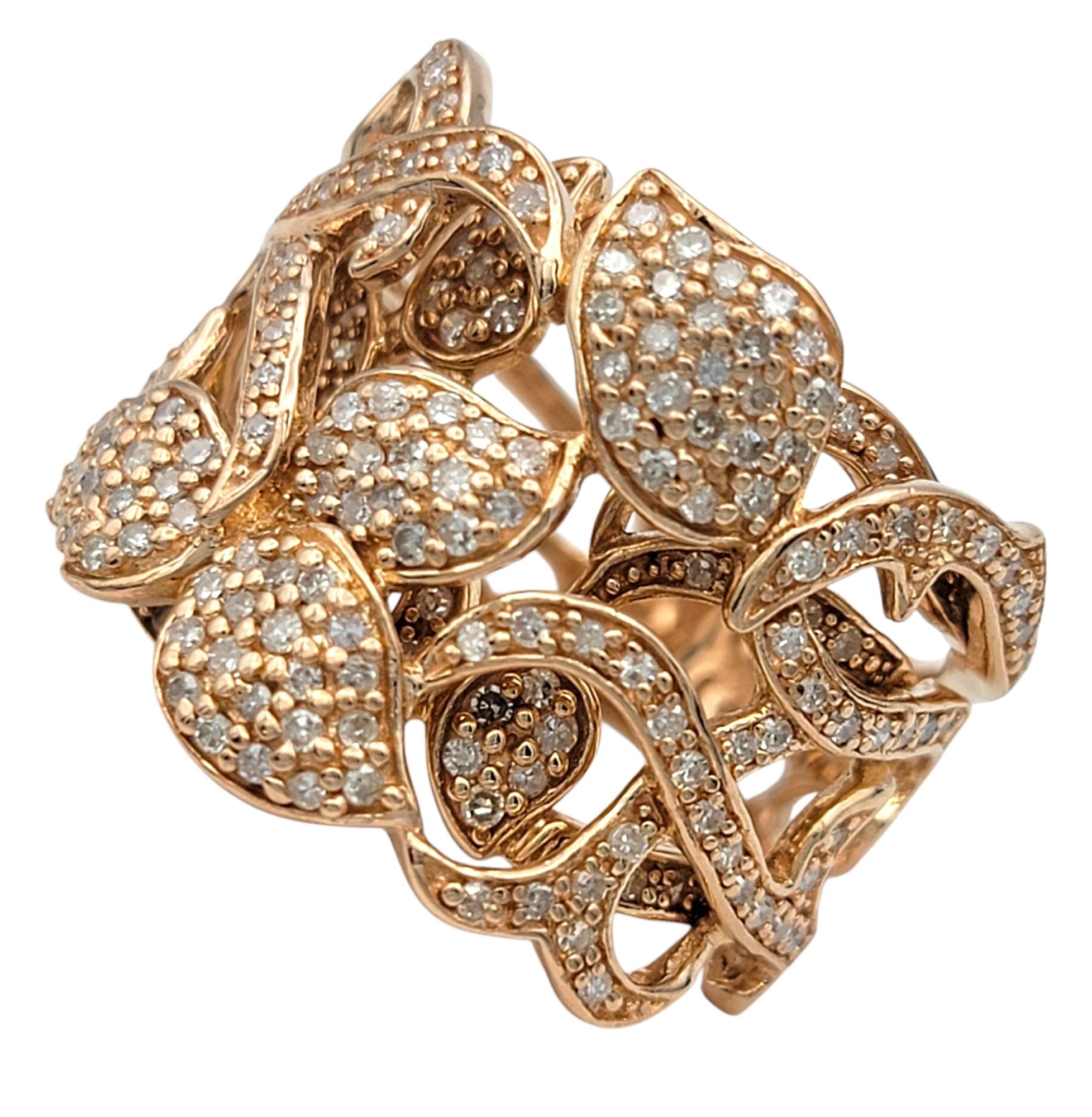 Contemporary Effy Pavé Diamond Layered Ornate Leaf Motif Wide Band Ring in 14 Karat Rose Gold For Sale