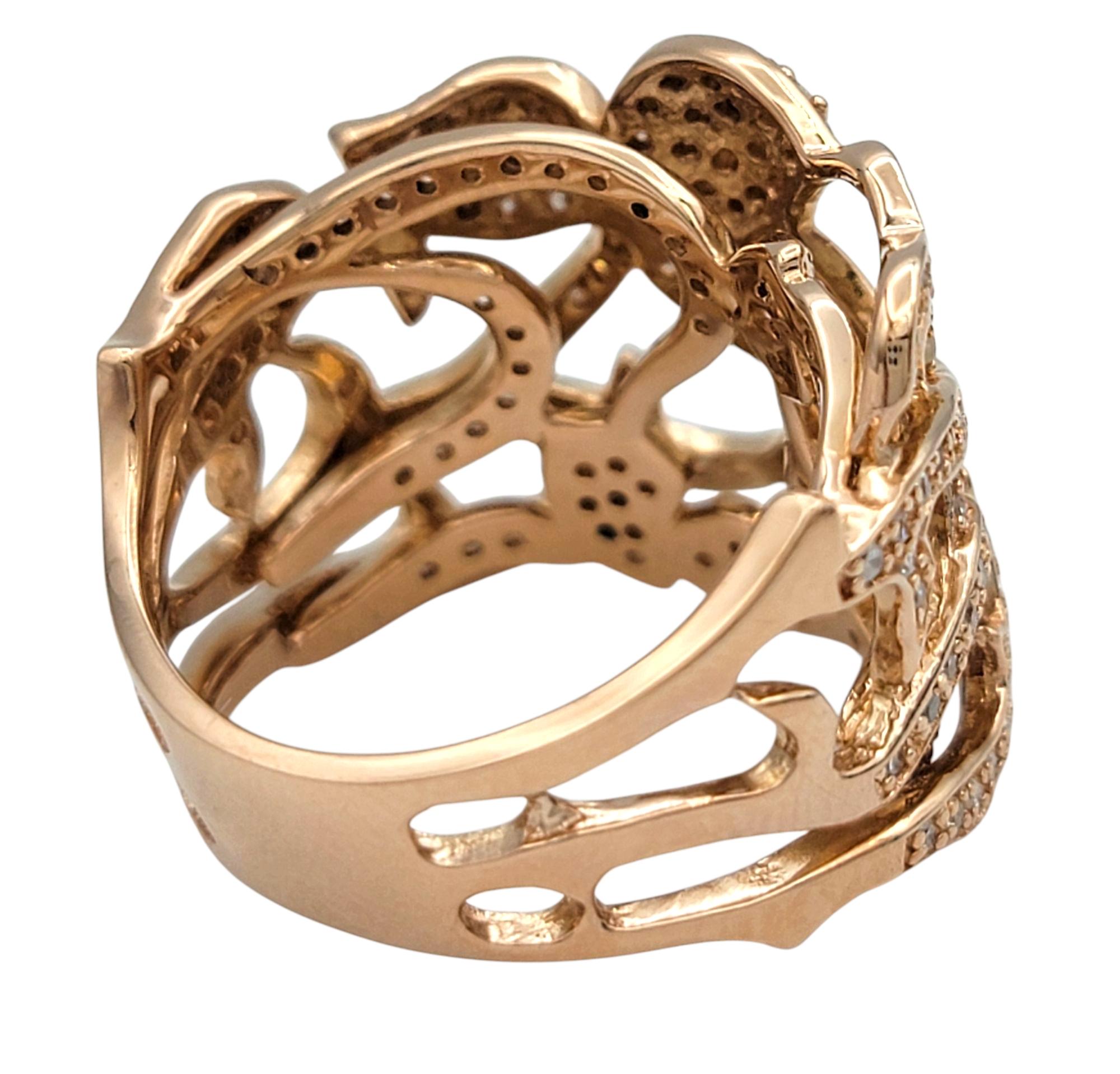 Effy Pavé Diamond Layered Ornate Leaf Motif Wide Band Ring in 14 Karat Rose Gold In Good Condition For Sale In Scottsdale, AZ