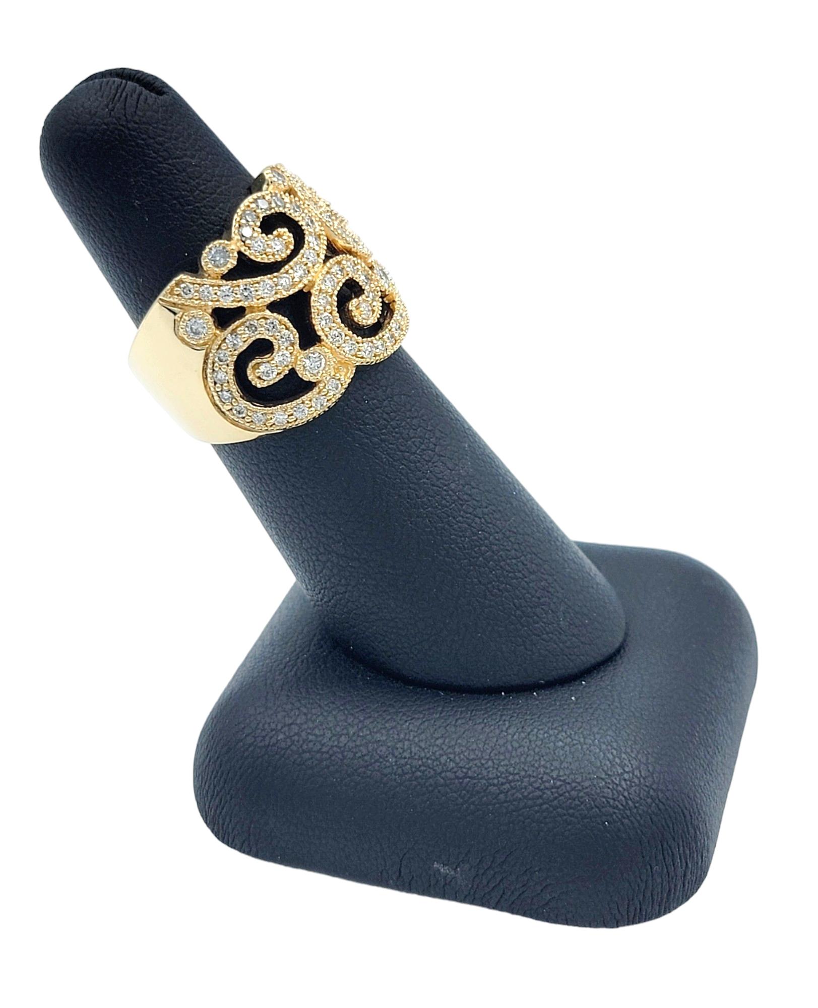Effy Pavé Diamond Scroll Design Wide Cocktail Band Ring in 14 Karat Yellow Gold For Sale 5