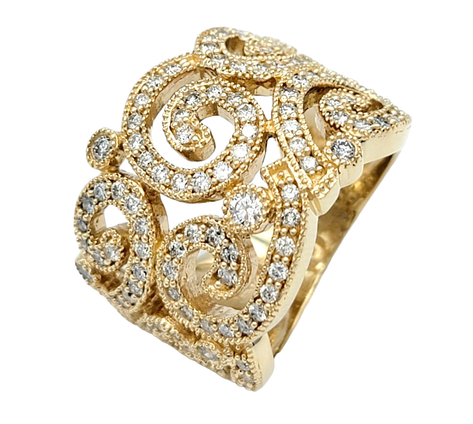 Contemporary Effy Pavé Diamond Scroll Design Wide Cocktail Band Ring in 14 Karat Yellow Gold For Sale