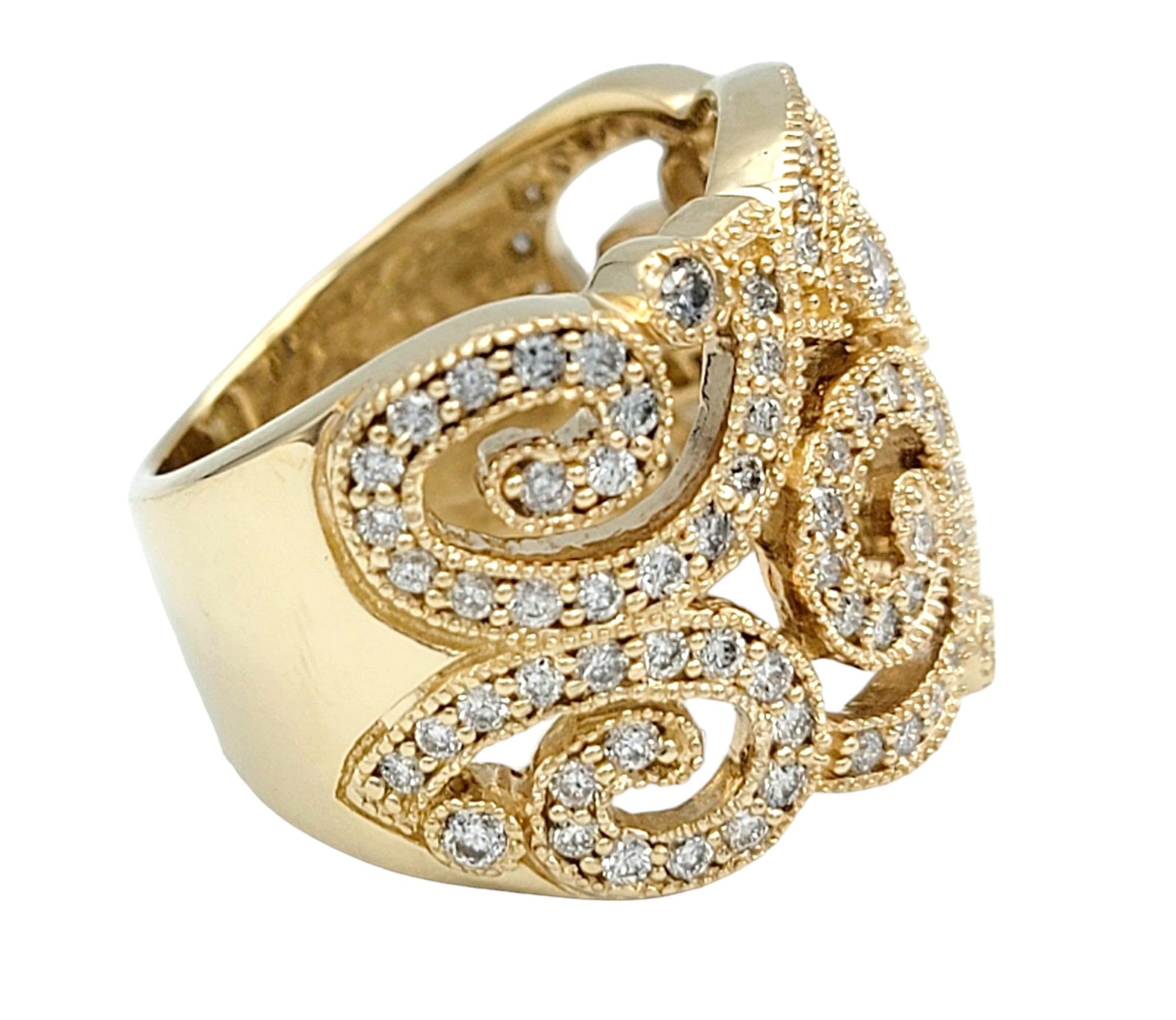 Effy Pavé Diamond Scroll Design Wide Cocktail Band Ring in 14 Karat Yellow Gold In Good Condition For Sale In Scottsdale, AZ