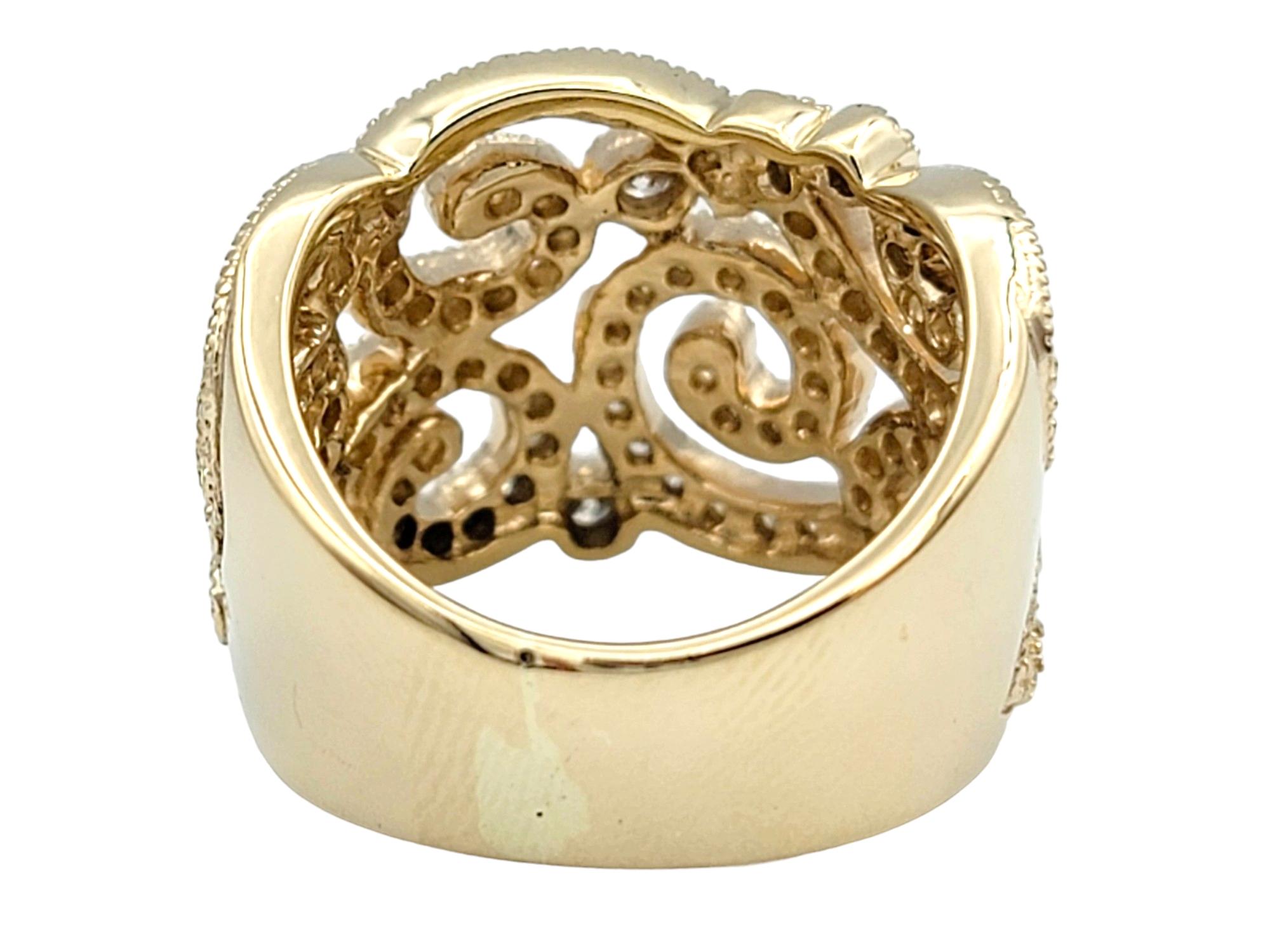 Women's Effy Pavé Diamond Scroll Design Wide Cocktail Band Ring in 14 Karat Yellow Gold For Sale