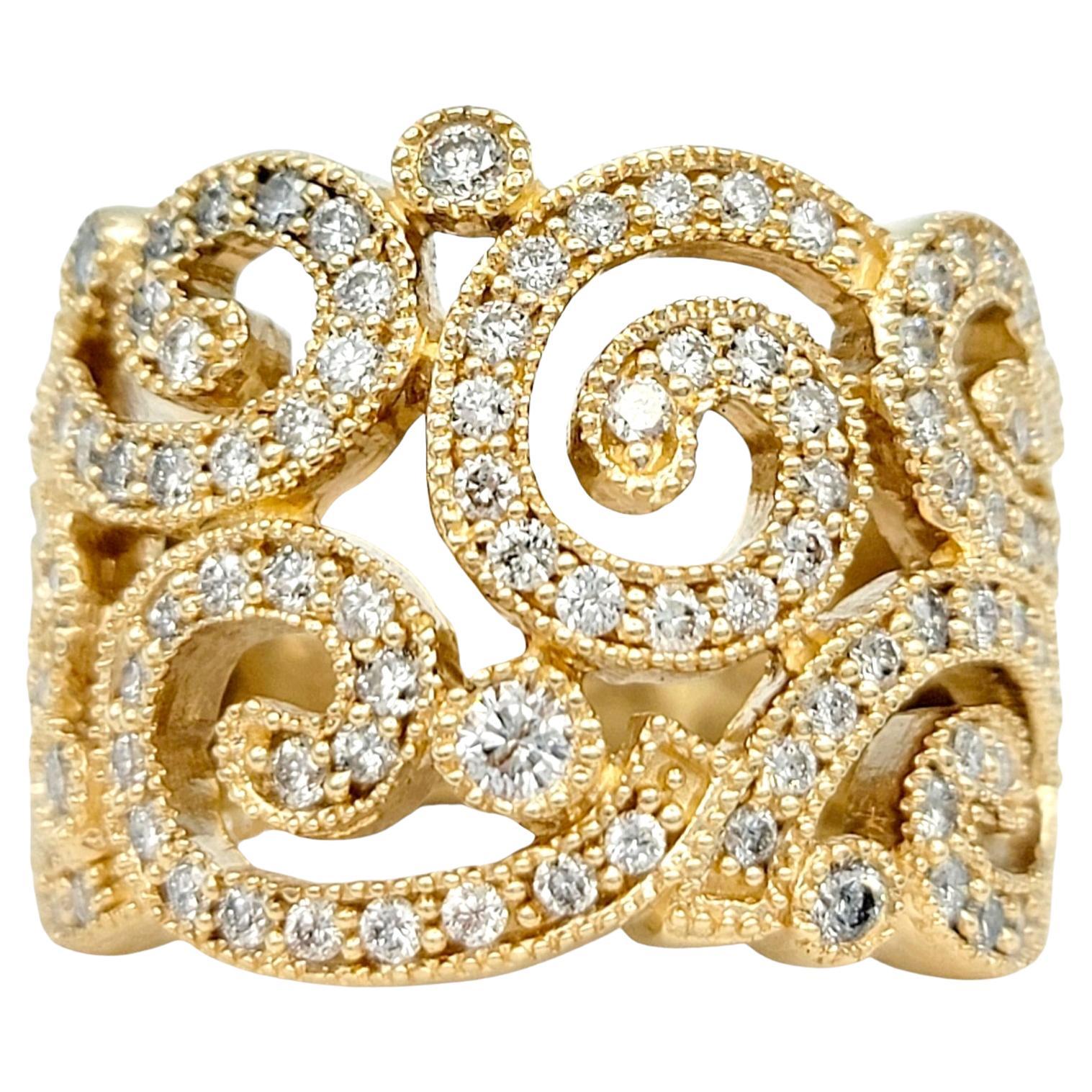 Effy Pavé Diamond Scroll Design Wide Cocktail Band Ring in 14 Karat Yellow Gold For Sale