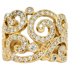 Used Effy Pavé Diamond Scroll Design Wide Cocktail Band Ring in 14 Karat Yellow Gold