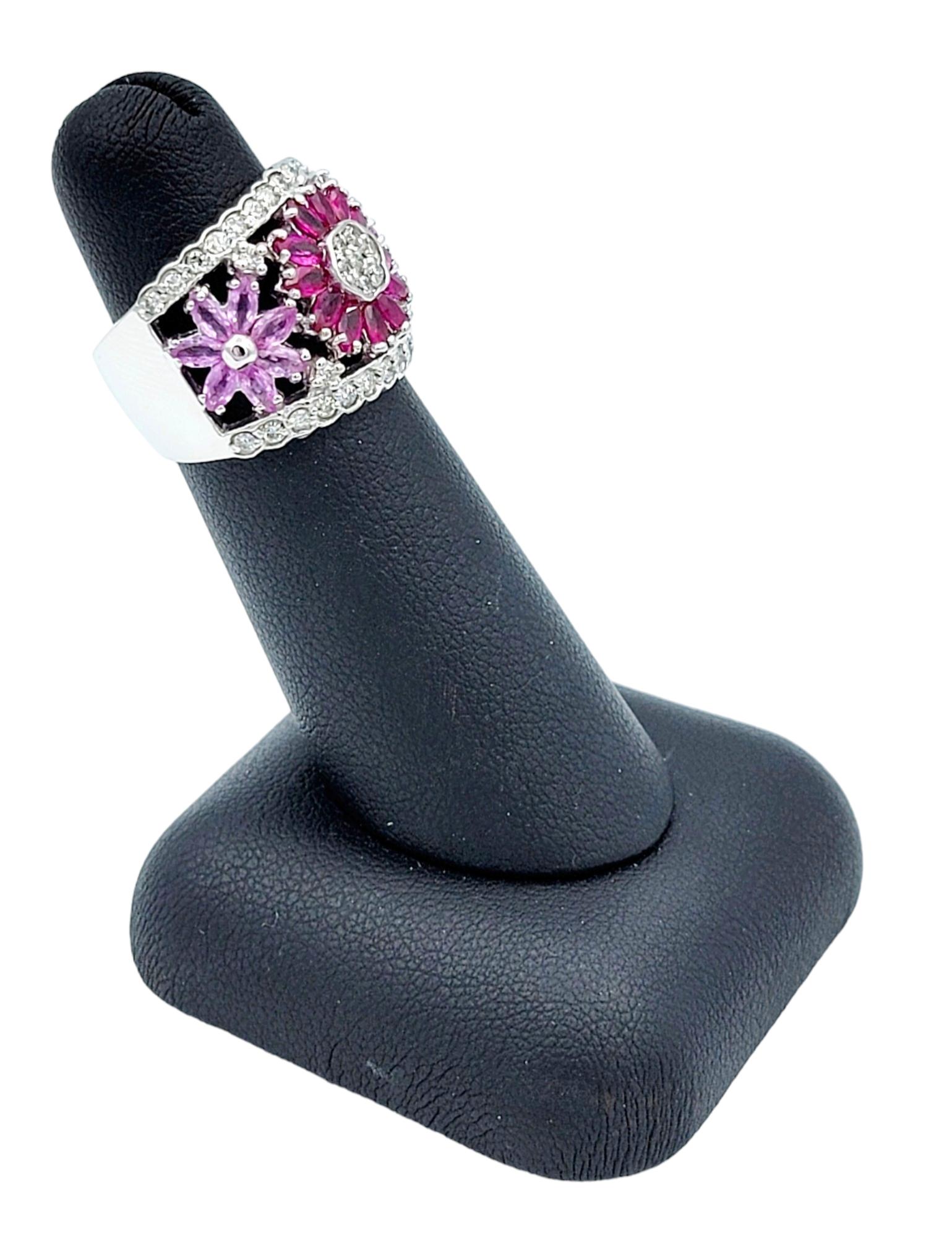 Effy Pink Sapphire, Ruby and Diamond Flower Motif Wide Band Ring 14 Karat Gold For Sale 4
