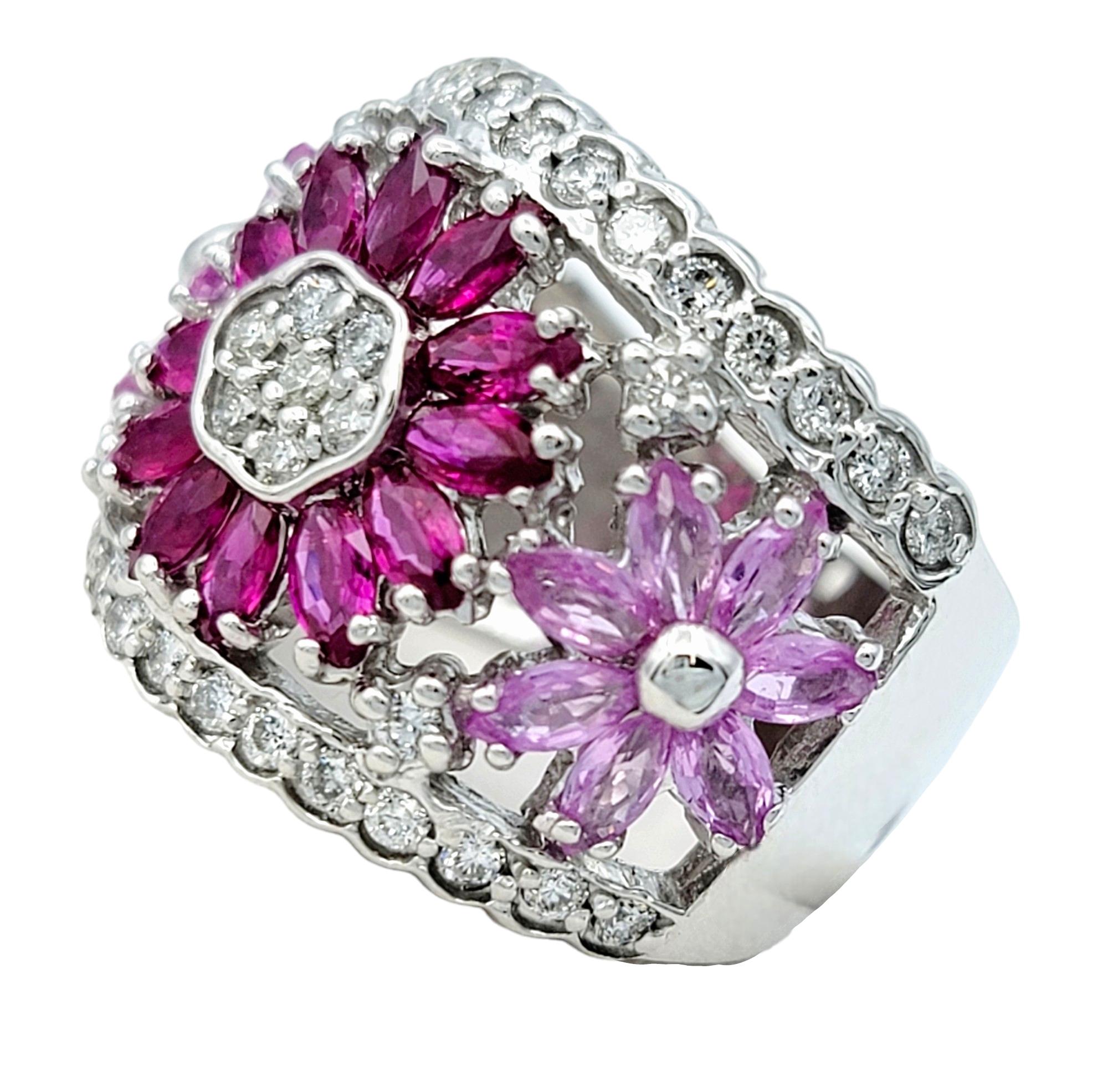 Ring Size: 6.75 

Elevate your style with the enchanting allure of this Effy 14 karat white gold band ring. Crafted to captivate, its bold design features a stunning centerpiece: a radiant ruby flower with a dazzling diamond center. Surrounding it,