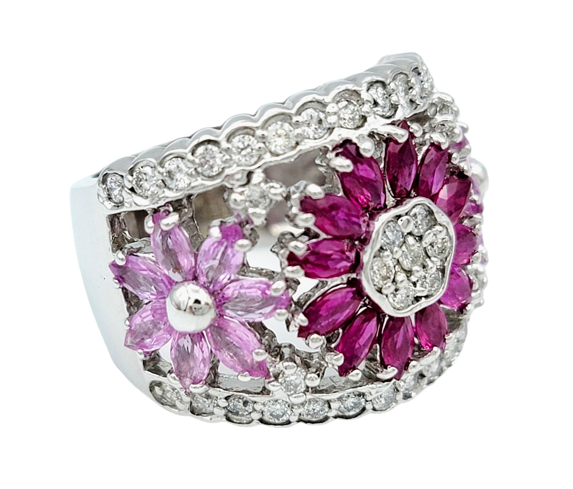Contemporary Effy Pink Sapphire, Ruby and Diamond Flower Motif Wide Band Ring 14 Karat Gold For Sale