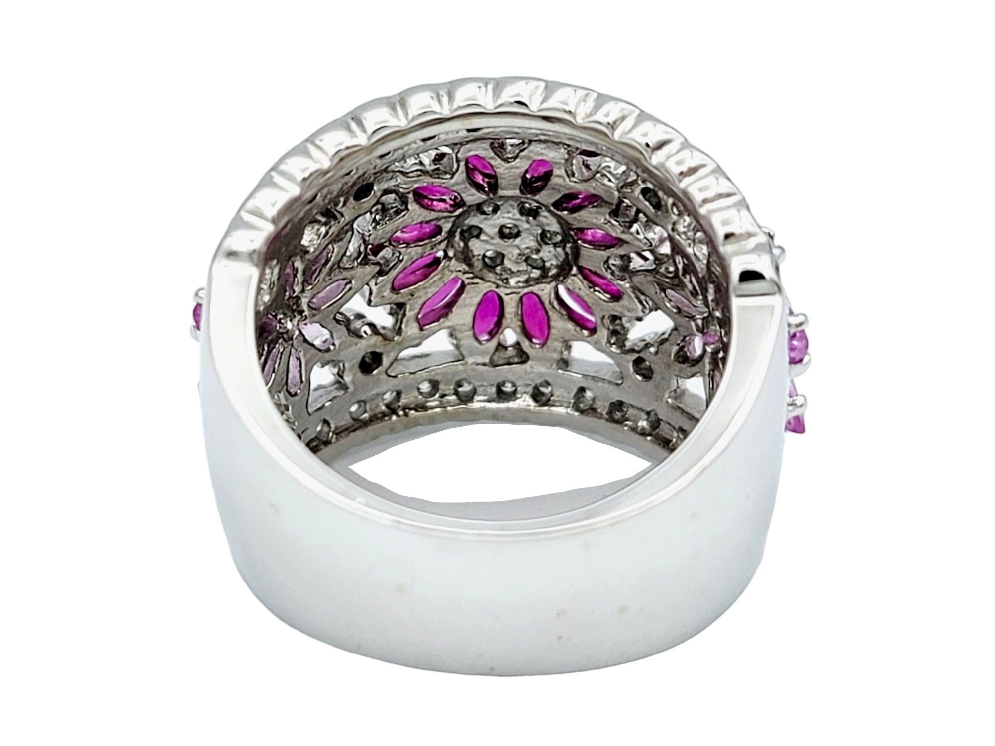 Contemporary Effy Pink Sapphire, Ruby and Diamond Flower Motif Wide Band Ring 14 Karat Gold For Sale