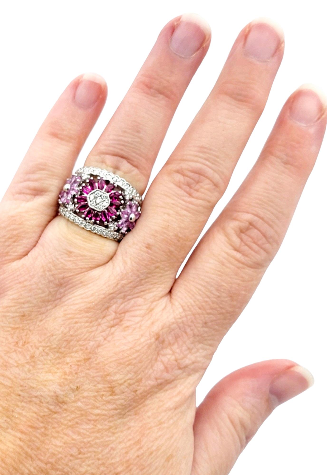 Effy Pink Sapphire, Ruby and Diamond Flower Motif Wide Band Ring 14 Karat Gold In Good Condition For Sale In Scottsdale, AZ
