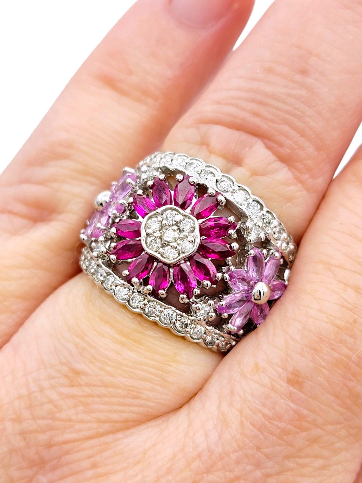 Effy Pink Sapphire, Ruby and Diamond Flower Motif Wide Band Ring 14 Karat Gold For Sale 2