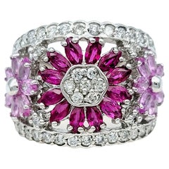 Used Effy Pink Sapphire, Ruby and Diamond Flower Motif Wide Band Ring 14 Karat Gold