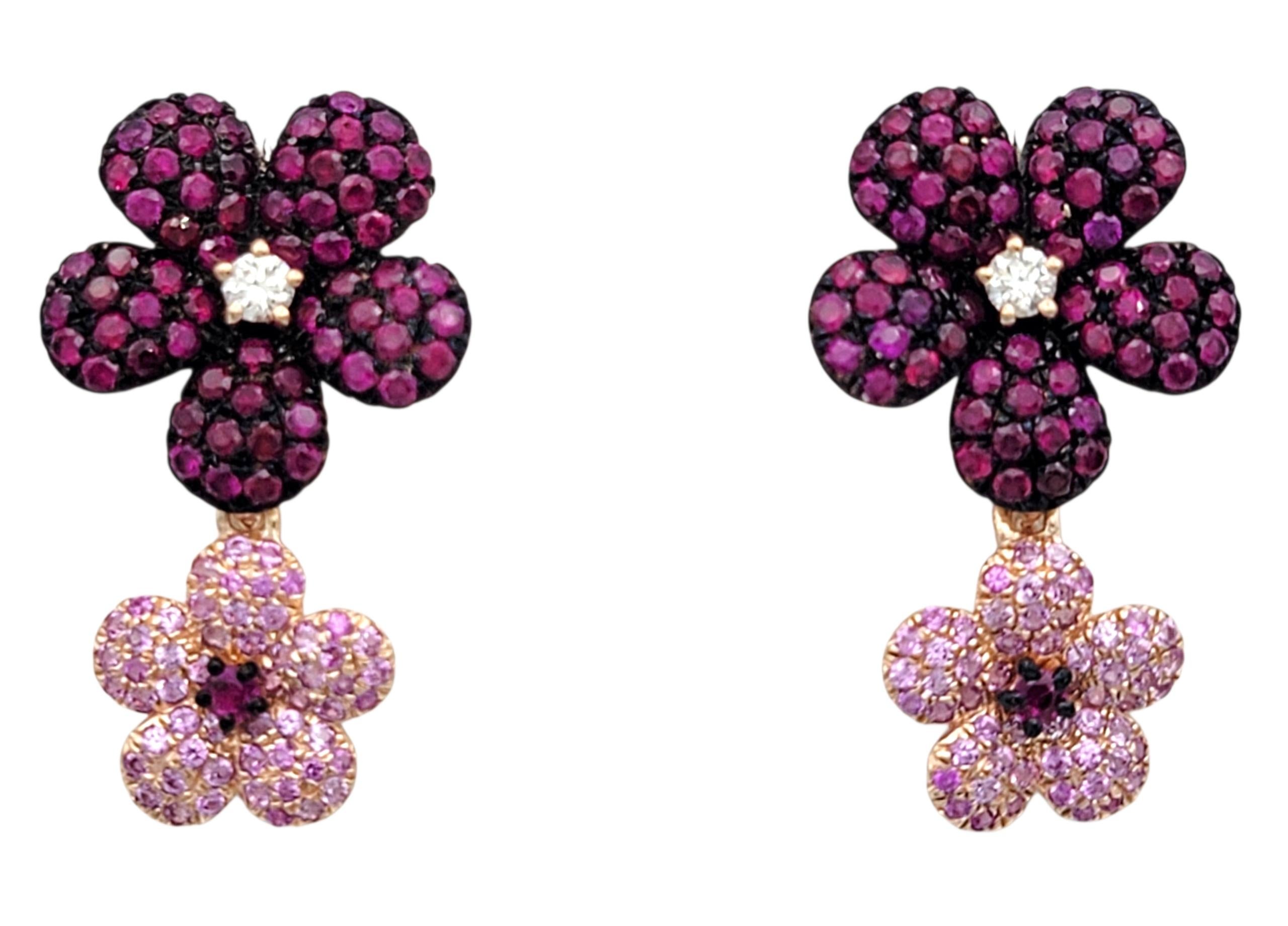 Contemporary Effy Pink Sapphire, Ruby & Diamond Flower Dangle Earrings in 14 Karat Rose Gold For Sale
