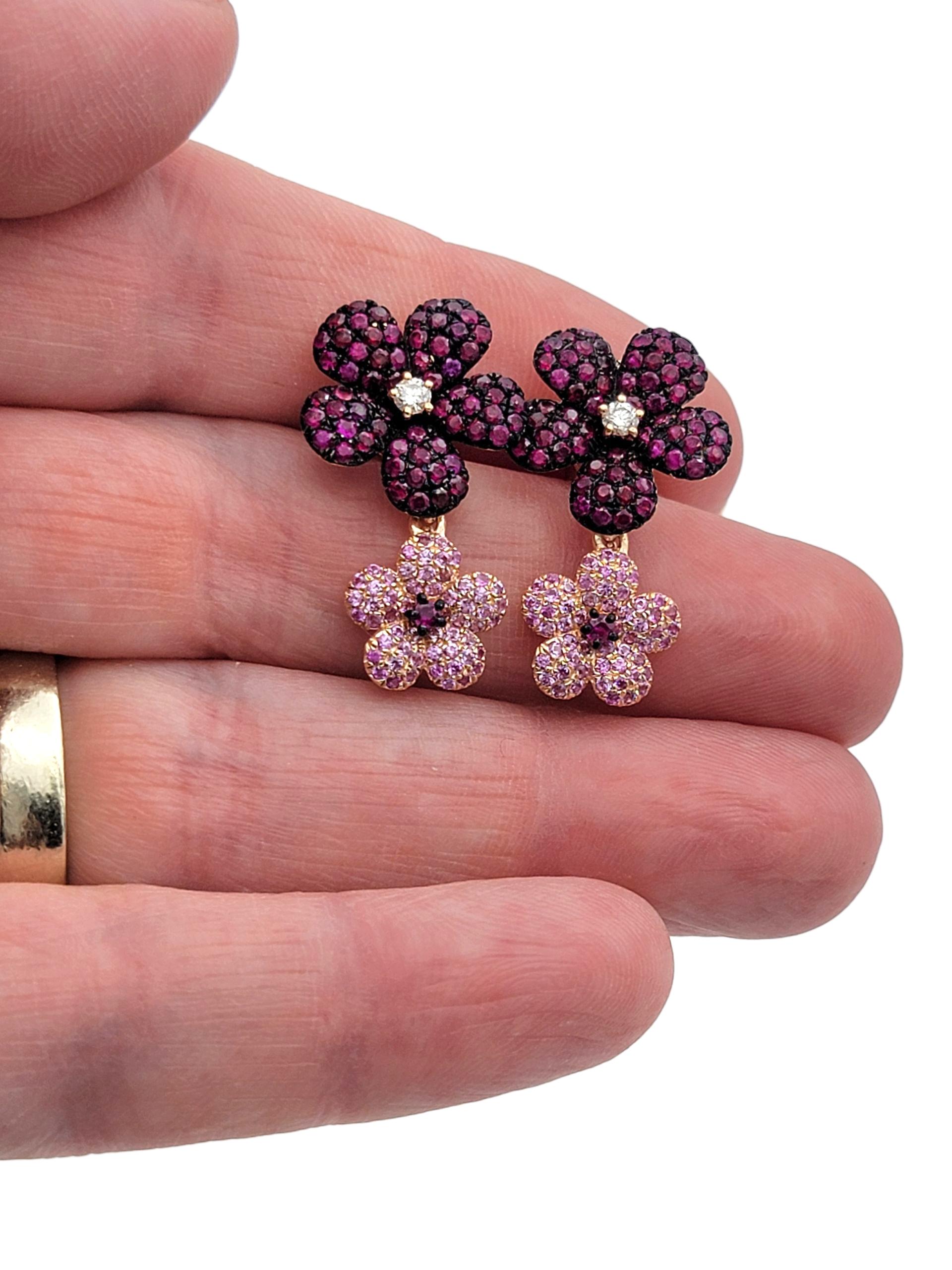 Effy Pink Sapphire, Ruby & Diamond Flower Dangle Earrings in 14 Karat Rose Gold For Sale 1