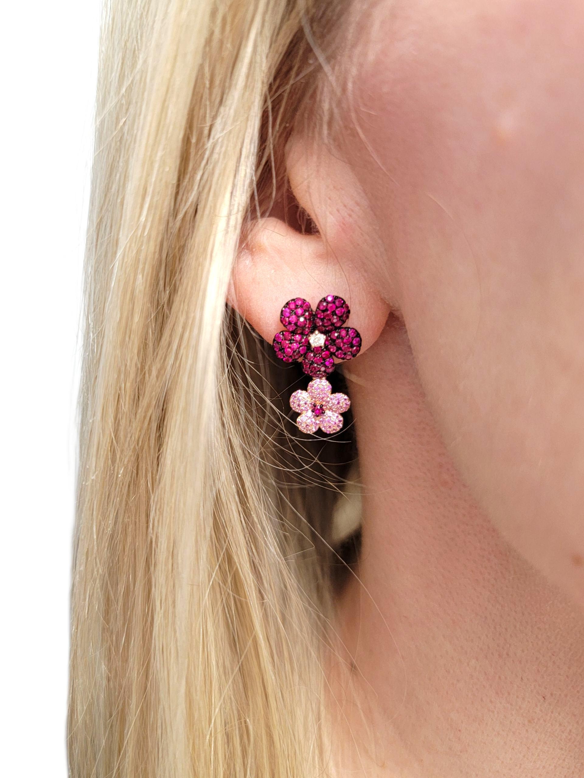 Effy Pink Sapphire, Ruby & Diamond Flower Dangle Earrings in 14 Karat Rose Gold For Sale 2