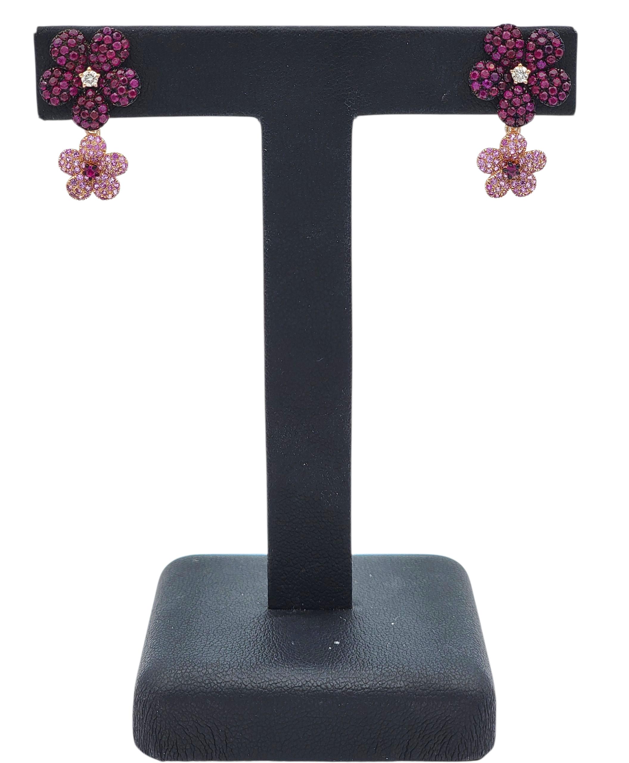 Effy Pink Sapphire, Ruby & Diamond Flower Dangle Earrings in 14 Karat Rose Gold For Sale 3