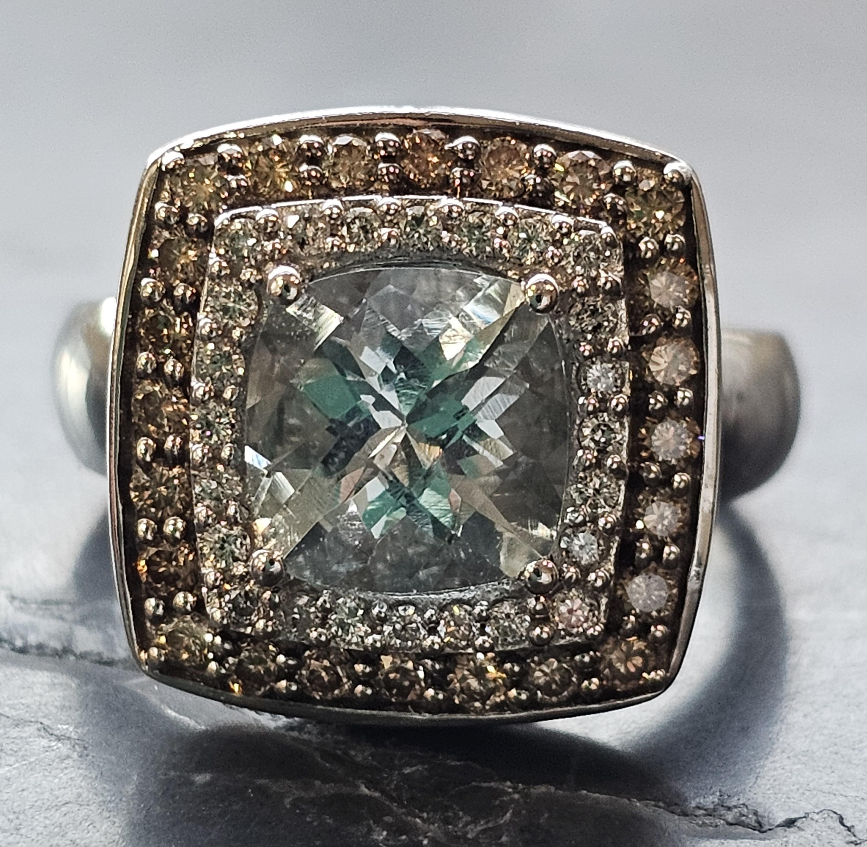 Anillo Effy Corte Cojín Aguamarina Marrón Blanco Diamante Halo Oro blanco 14k sz 7.25 en venta 7