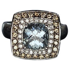 Effy Ring Cushion Cut Aquamarine Brown White Diamond Halo 14k white Gold sz 7.25