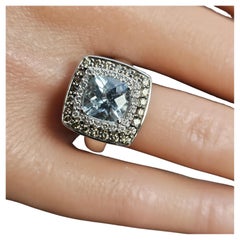 Anello Effy Taglio Cuscino Acquamarina Marrone Diamante Bianco Halo 14k oro bianco sz 7.25
