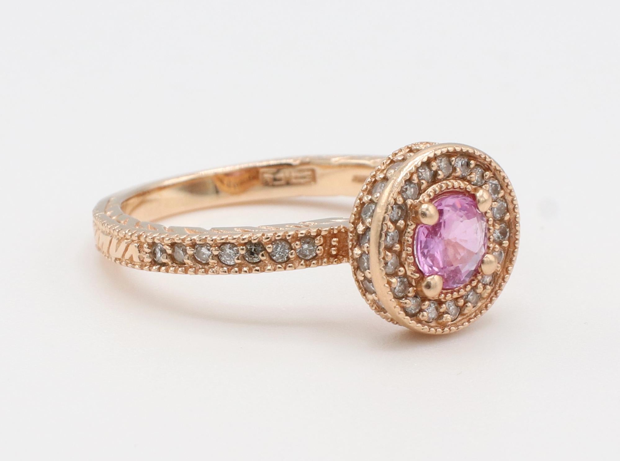 Effy Rose Gold Pink Sapphire & Natural Diamond Halo Ring 
Metal: 14k rose gold
Weight: 4.18 grams
Sapphire: Pink round brilliant sapphire, approx. 0.50 carats
Diamonds: Approx. .25 CTW J-K SI round natural diamonds
Size: 7 (US)
Diameter: 10mm
