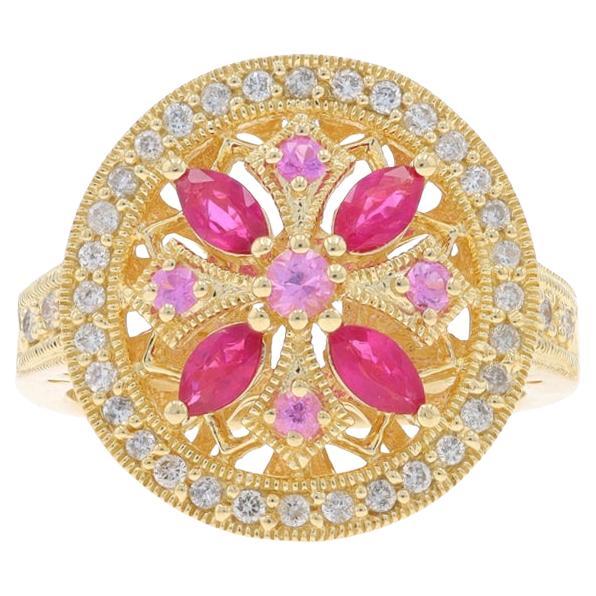 EFFY Ruby Sapphire Diamond Cluster Cocktail Halo Ring Yellow Gold 14k Marq.93ctw For Sale
