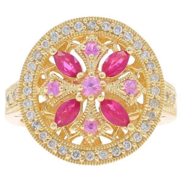 EFFY Ruby Sapphire Diamond Cluster Cocktail Halo Ring Yellow Gold 14k ...
