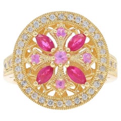 Used EFFY Ruby Sapphire Diamond Cluster Cocktail Halo Ring Yellow Gold 14k Marq.93ctw
