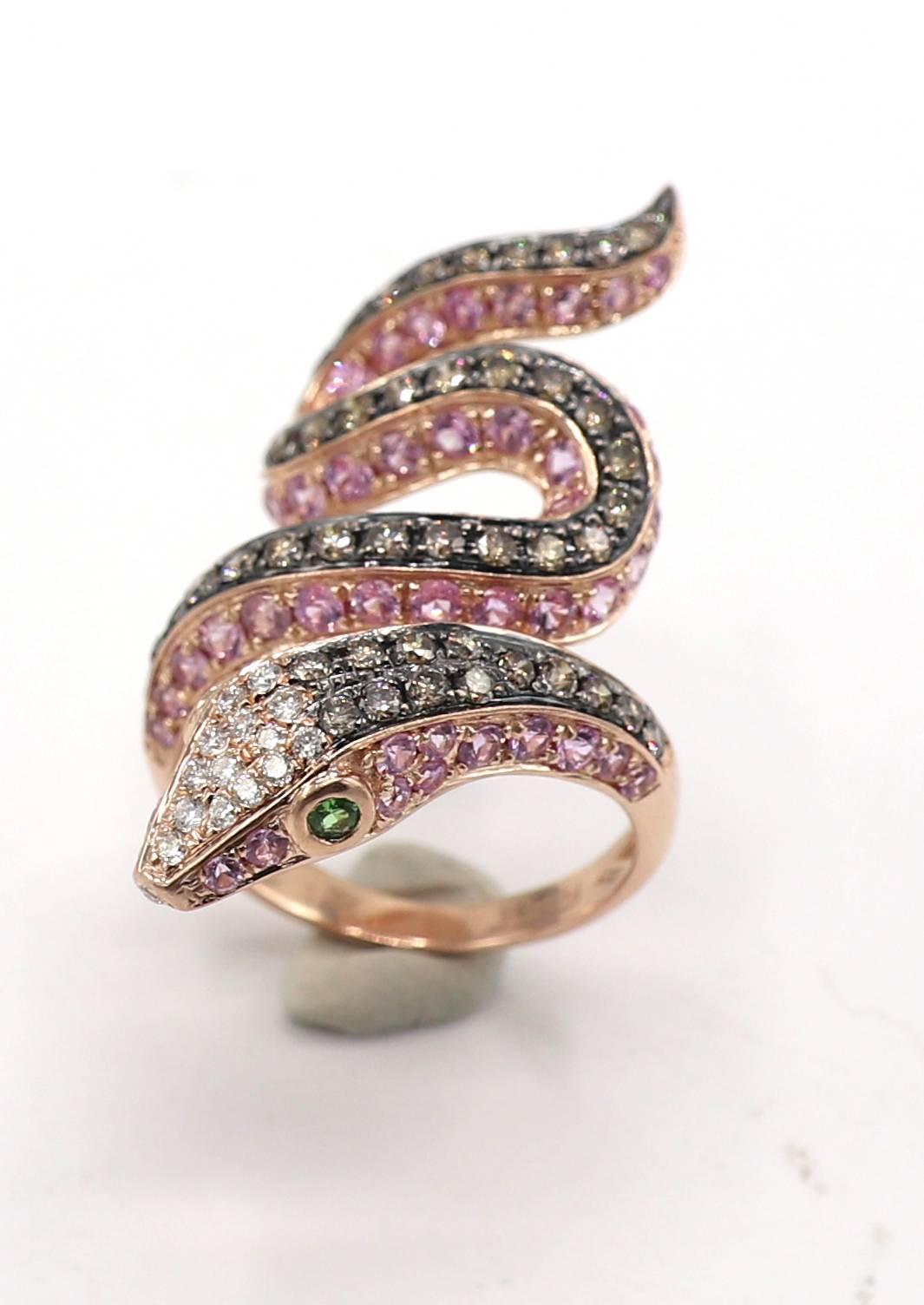 EFFY Safari 14K Rose Gold Pink Sapphire & Diamond Snake Cocktail Statement Ring 
Metal: 14k rose pink gold
Weight: 7.67 grams
Length: 40mm
Width: 20mm
Diamonds: Approx. 1.50 CTW G-H VS-SI and brown diamonds 
Size: 7 (US)
Retail: $6,495
