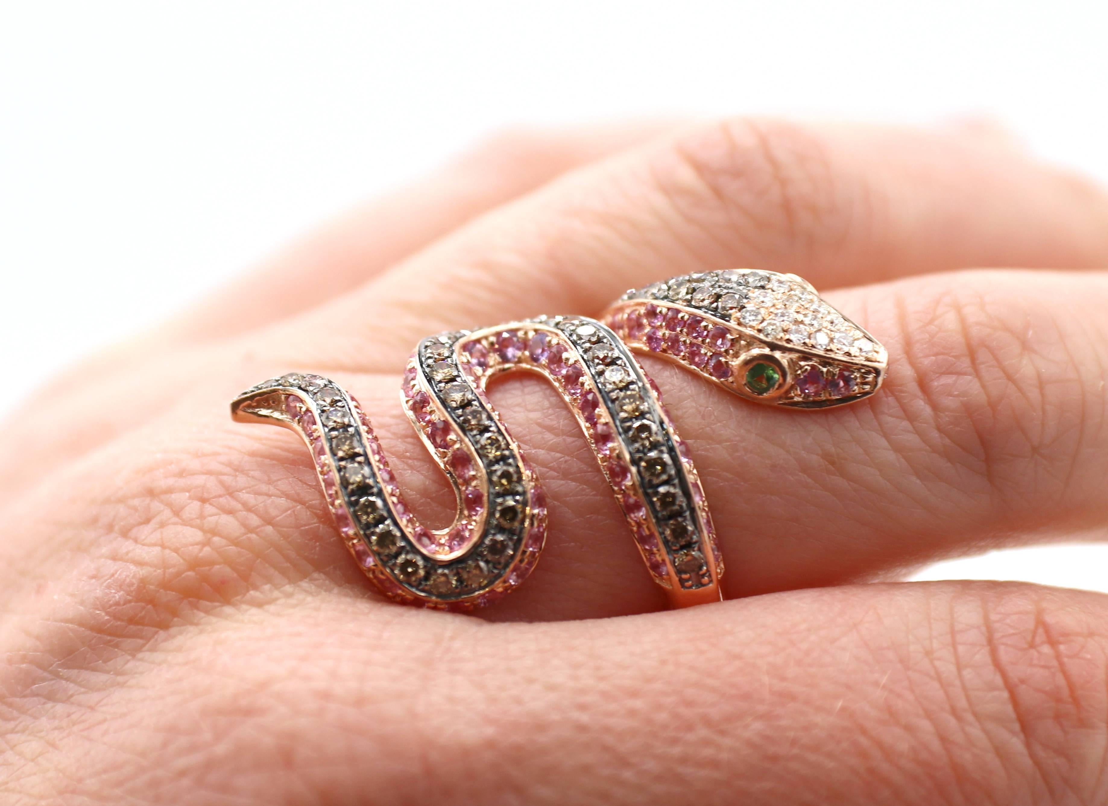 Modern Effy Safari 14K Rose Gold Pink Sapphire & Diamond Snake Cocktail Ring