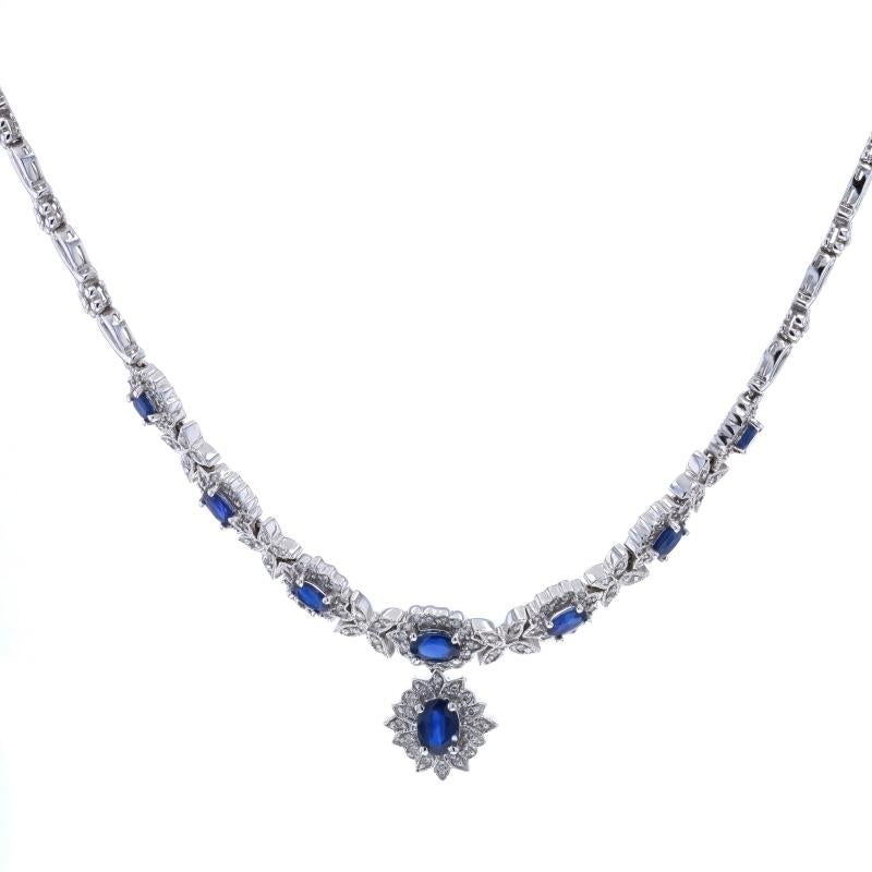 Brand: EFFY

Metal Content: 14k White Gold

Stone Information
Natural Sapphires
Treatment: Heating
Carat(s): 3.32ctw
Cut: Oval
Color: Blue

Natural Diamonds
Carat(s): .63ctw
Cut: Round Brilliant
Color: G - H - I
Clarity: SI1 - I1

Total Carats: