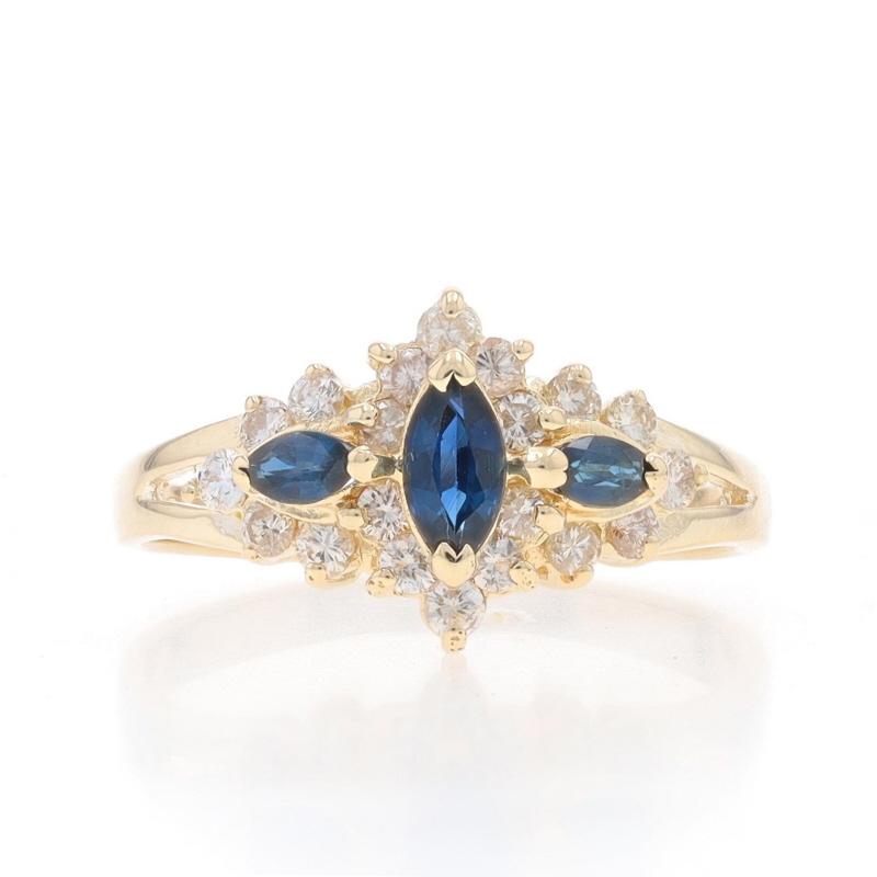 Size: 8 1/2
Sizing Fee: Up 3 sizes for $40 or Down 2 sizes for $30

Brand: EFFY

Metal Content: 14k Yellow Gold

Stone Information

Natural Sapphires
Treatment: Heating
Carat(s): .61ctw
Cut: Marquise
Color: Blue

Natural Diamonds
Carat(s):
