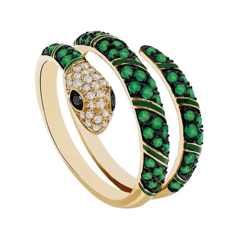 Effy Serpenti 14K Gold Ring mit weißen und schwarzen Diamanten und Smaragden