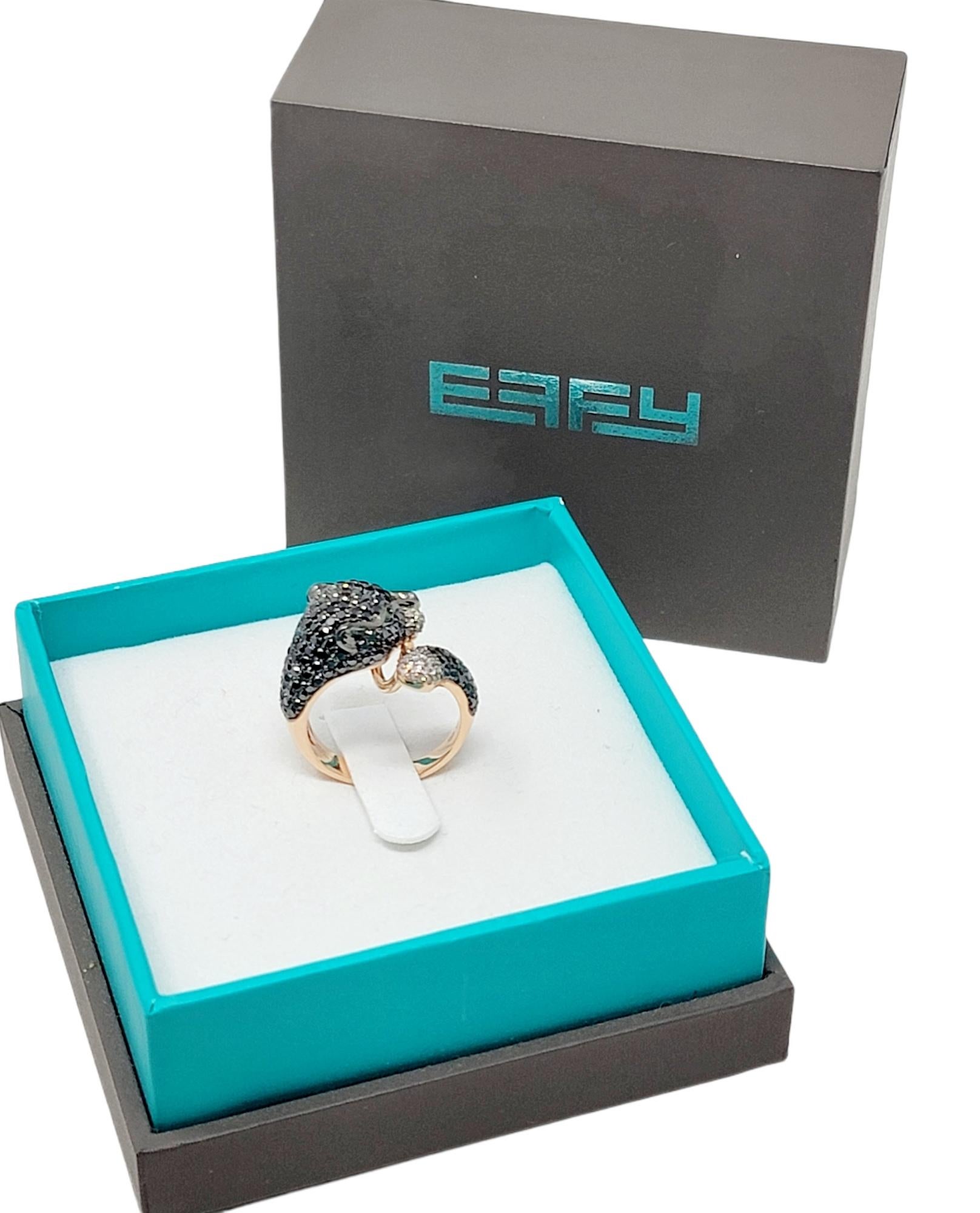 EFFY Signature Black and White Diamond Panther Bypass Ring 14 Karat Rose Gold For Sale 4