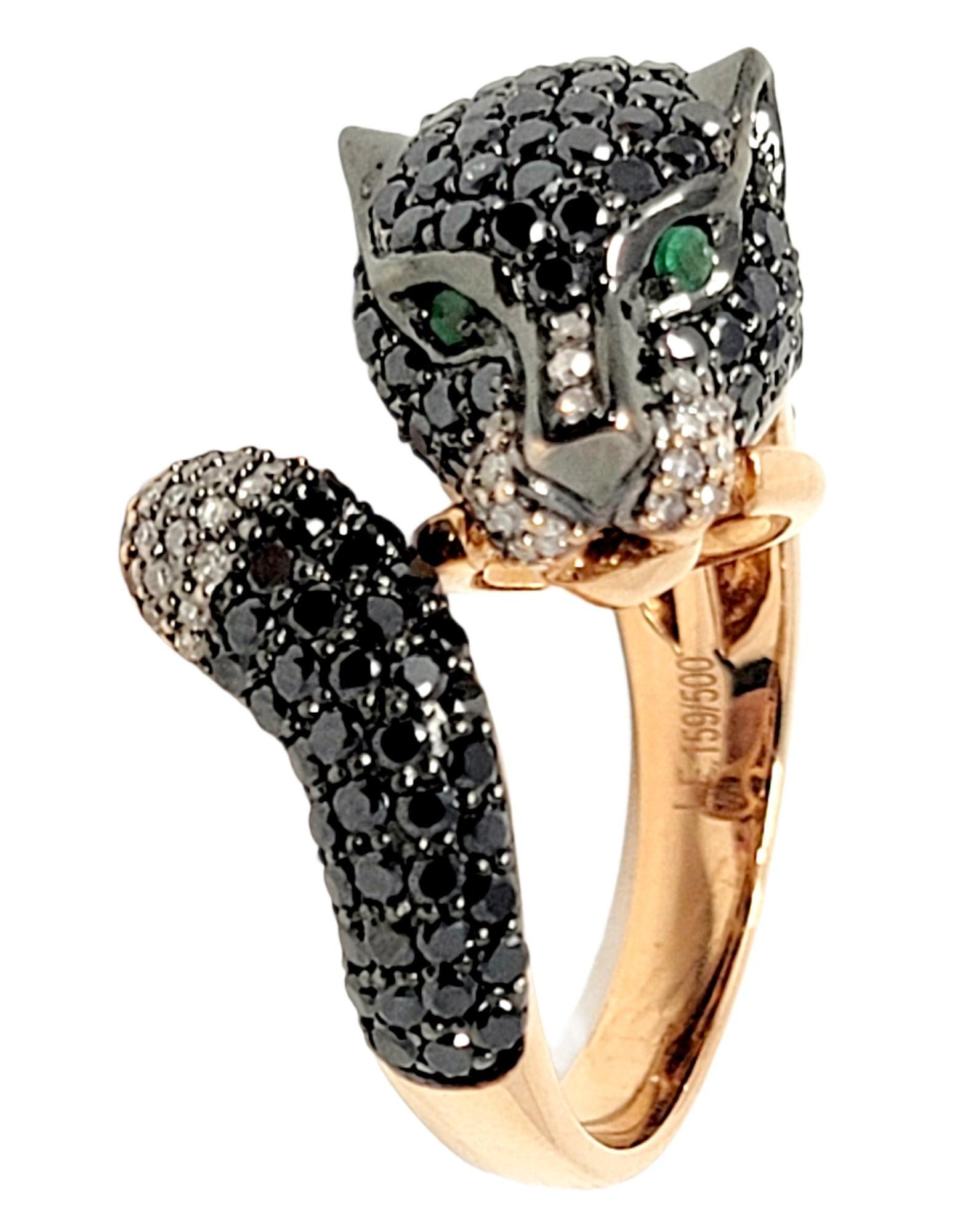 Contemporary EFFY Signature Black and White Diamond Panther Bypass Ring 14 Karat Rose Gold For Sale