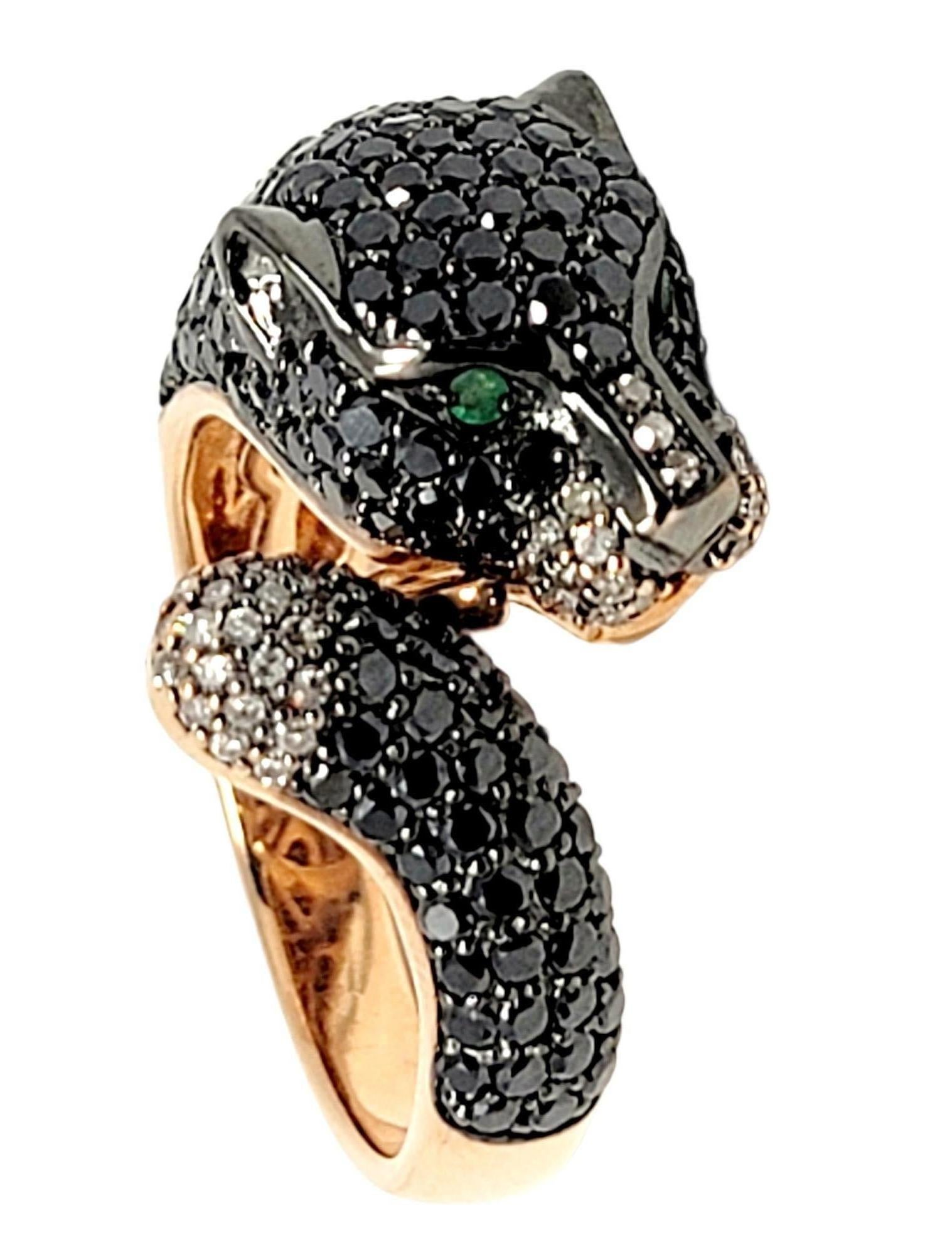 Round Cut EFFY Signature Black and White Diamond Panther Bypass Ring 14 Karat Rose Gold For Sale