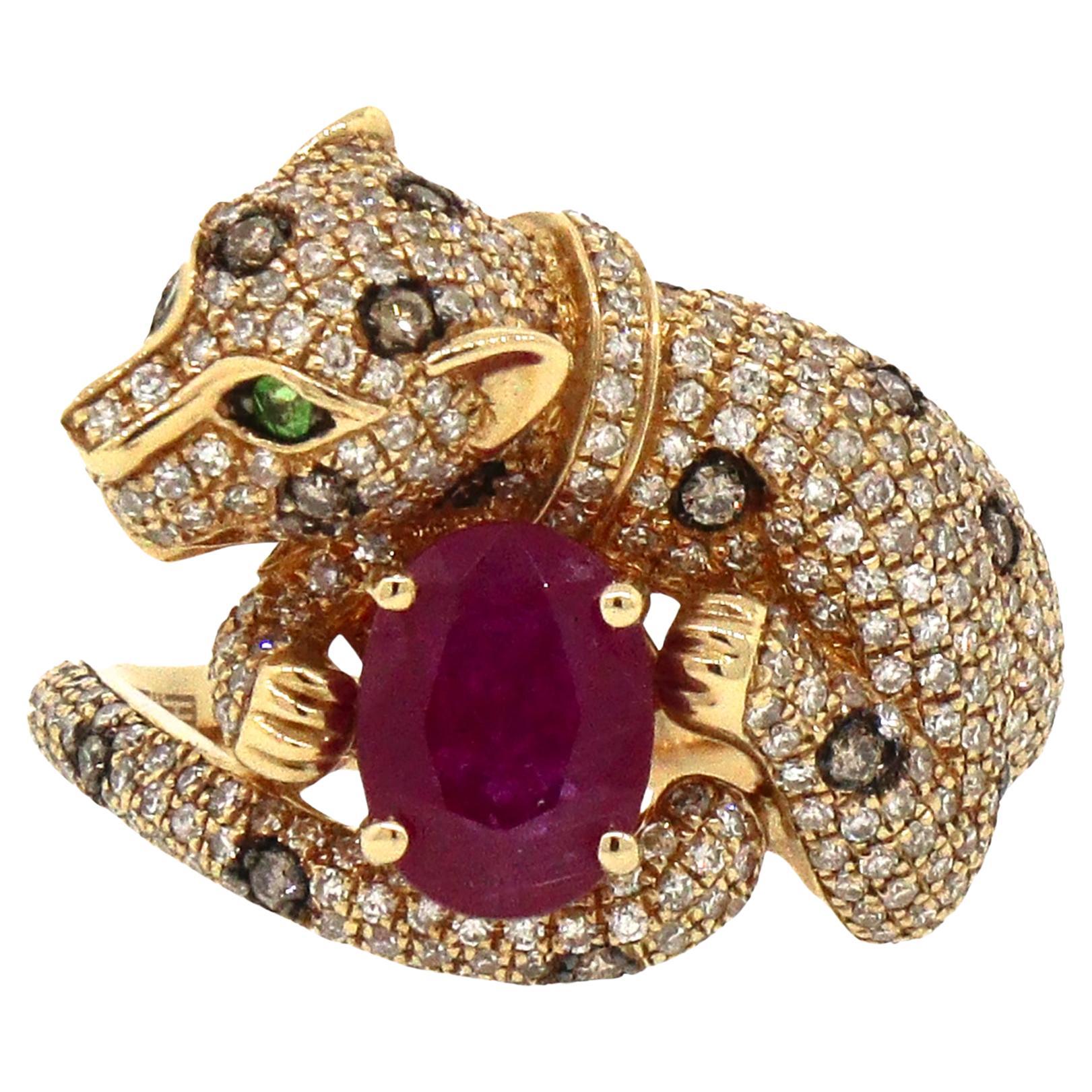 Effy Signature Panther Ruby, Diamond and Emerald Ring For Sale