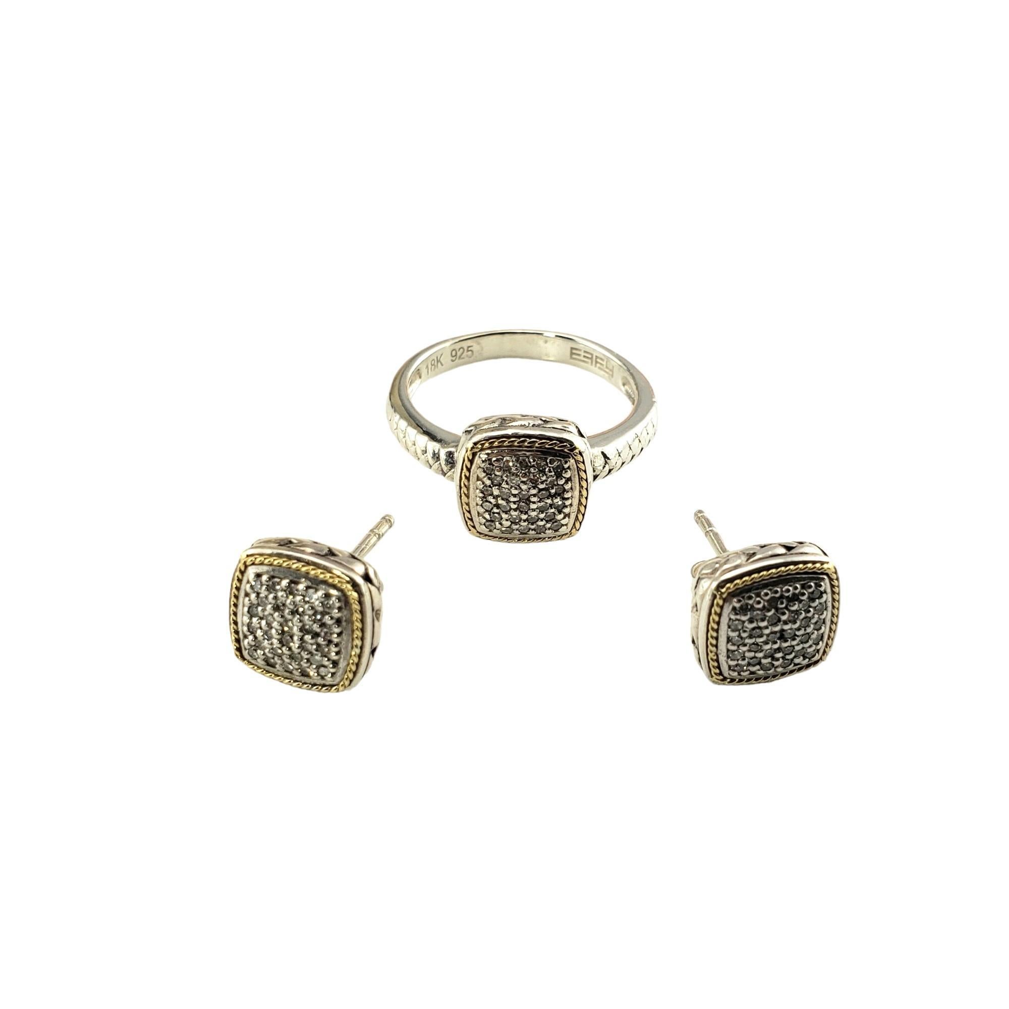 Effy Sterling Silver and 18K Yellow Gold and Diamond Ring and Earring Set-

This lovely ring features pave set diamonds set beautifully detailed sterling silver and 18K yellow gold.  Matching earrings included.

Approximate total diamond weight: .20
