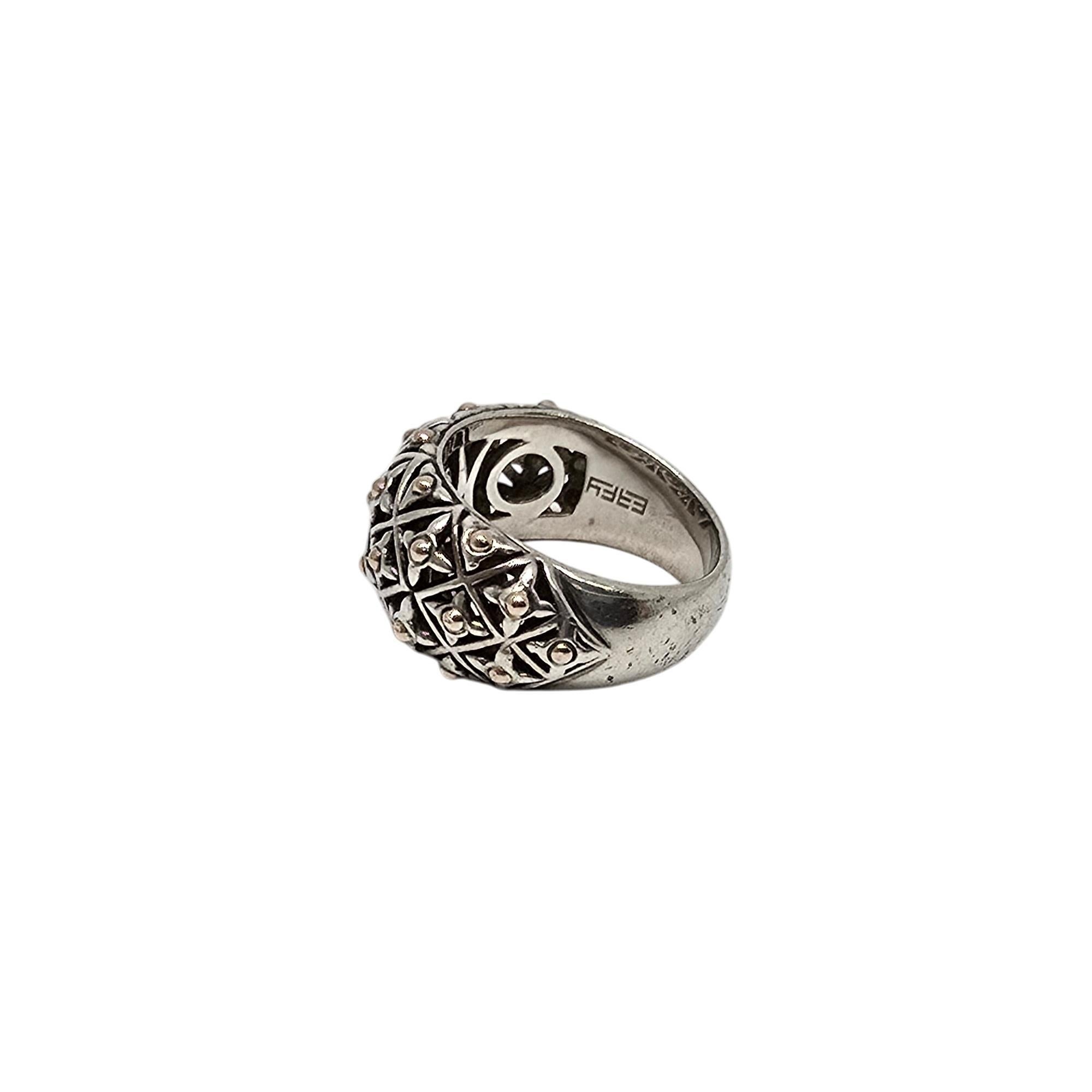 Sterling silver 14K yellow gold accent dome ring by Effy.

Size 7

This ring features a lattice openwork design with yellow gold bead accents.

Weighs approx 7.2g, 4.6dwt

Measures approx 7/16