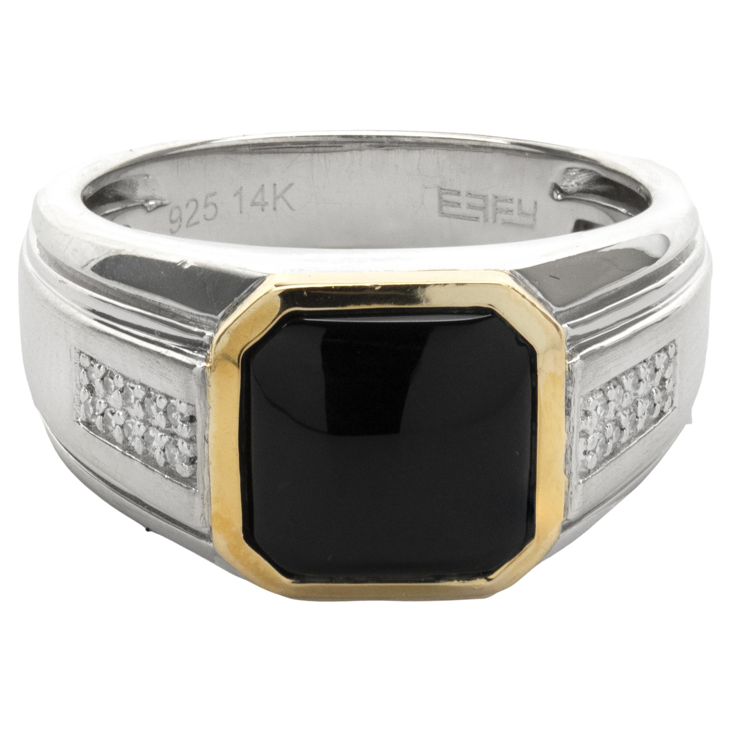 Effy Sterling Silver and 14 Karat Yellow Gold Black Onyx and Diamond Ring For Sale