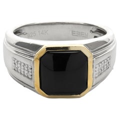 Used Effy Sterling Silver and 14 Karat Yellow Gold Black Onyx and Diamond Ring