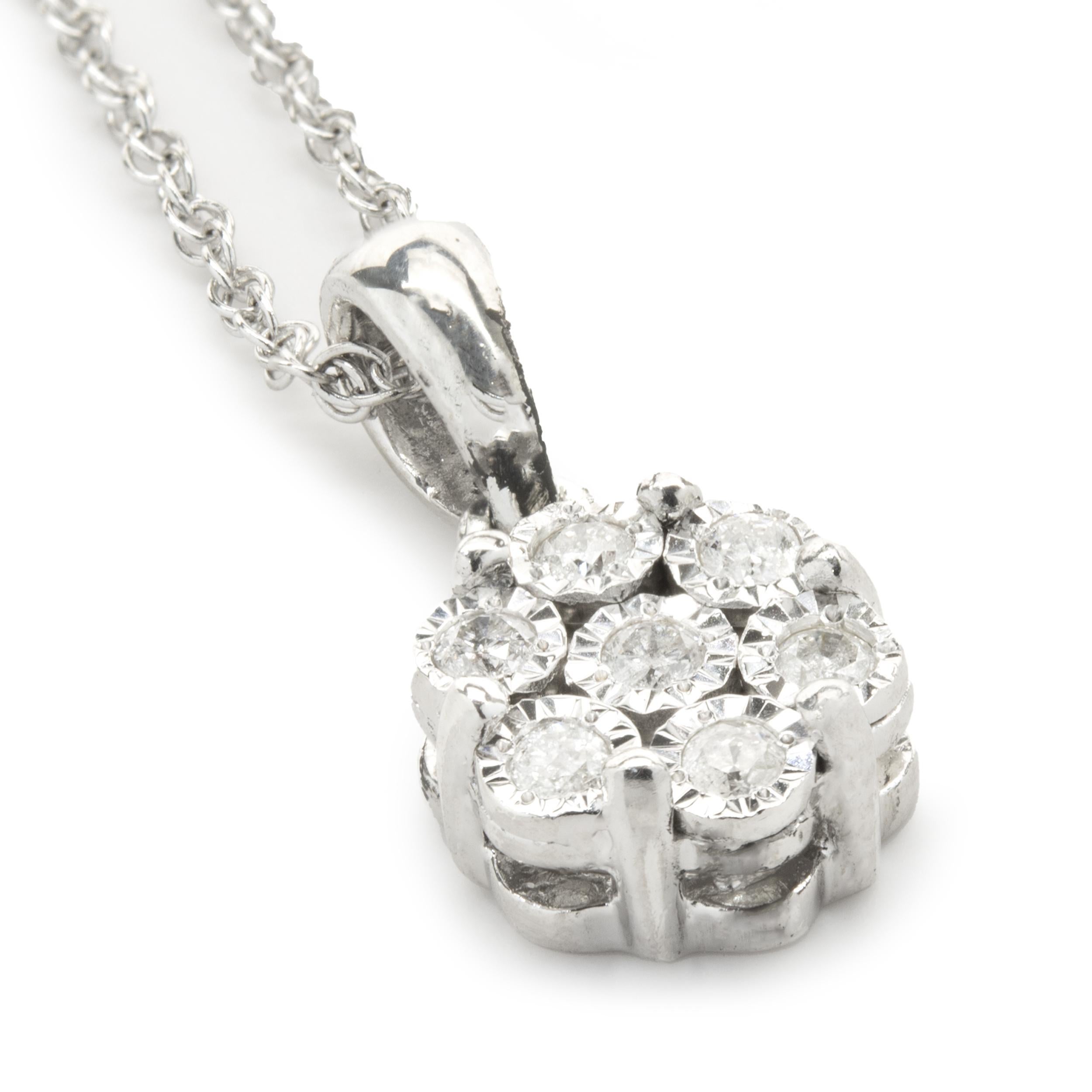 Designer: Effy
Material: sterling silver
Diamond: 6 round cut = .10cttw
Color: G
Clarity: I1
Weight: 1.88 grams
Dimensions: necklace measures 18-inches long
