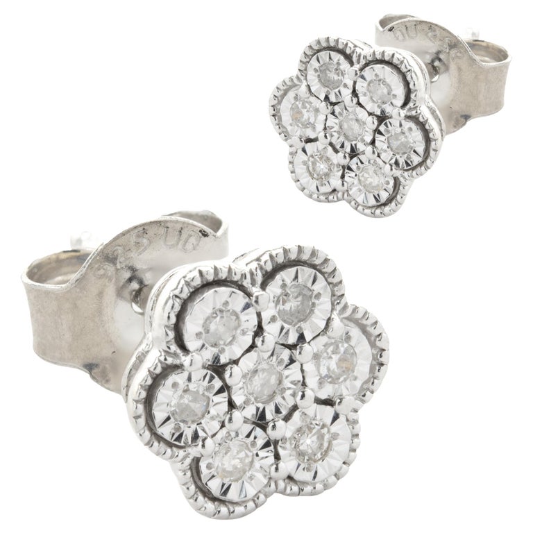 Effy Sterling Silver Diamond Flower Stud Earrings For Sale at 1stDibs