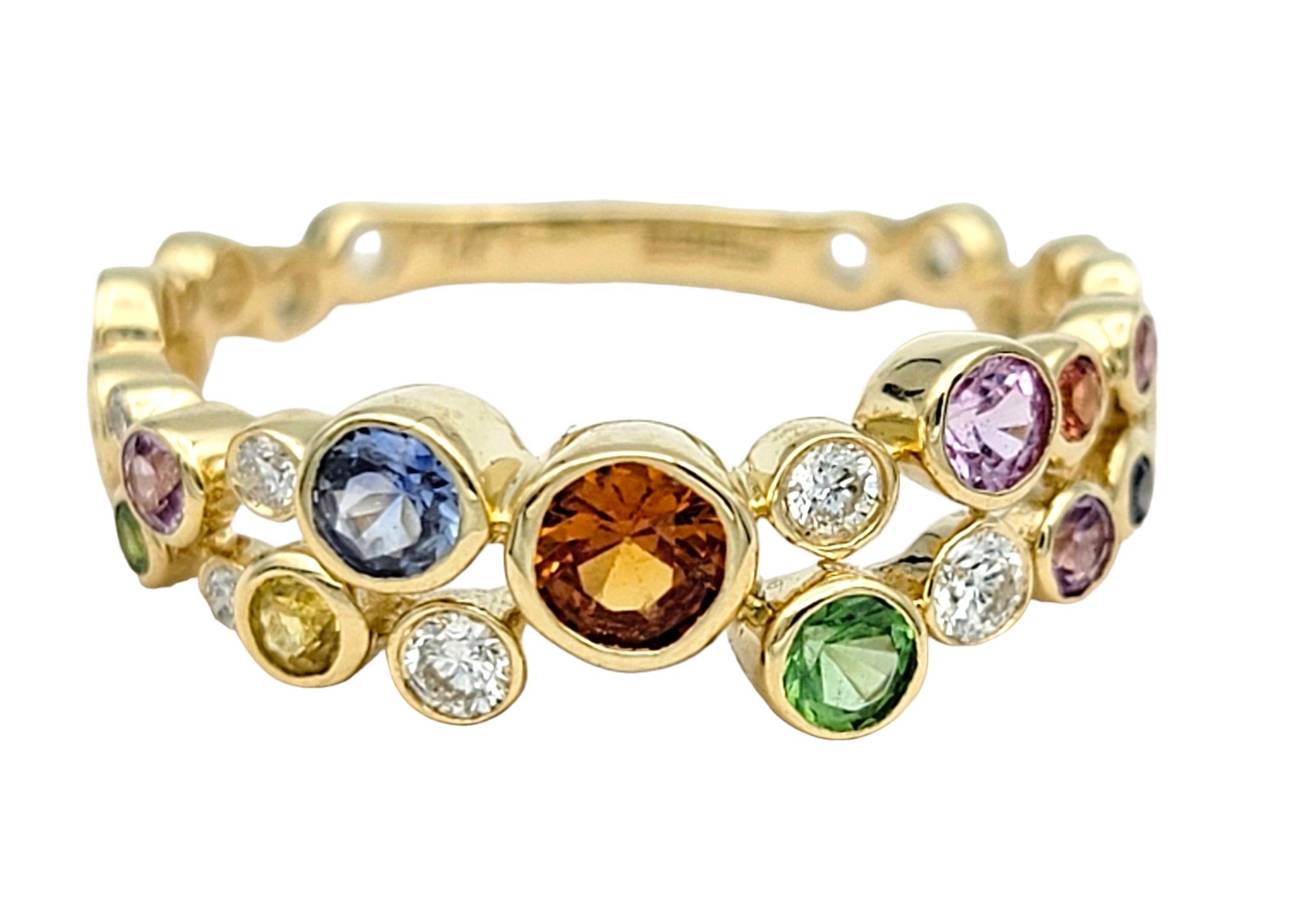 Ring Size: 7

This beautiful Effy band ring showcases an array of vibrant multi-colored gemstones set in lustrous 14 karat yellow gold. Each gemstone, with its unique hue and brilliance, adds a dynamic burst of color to the piece, creating a
