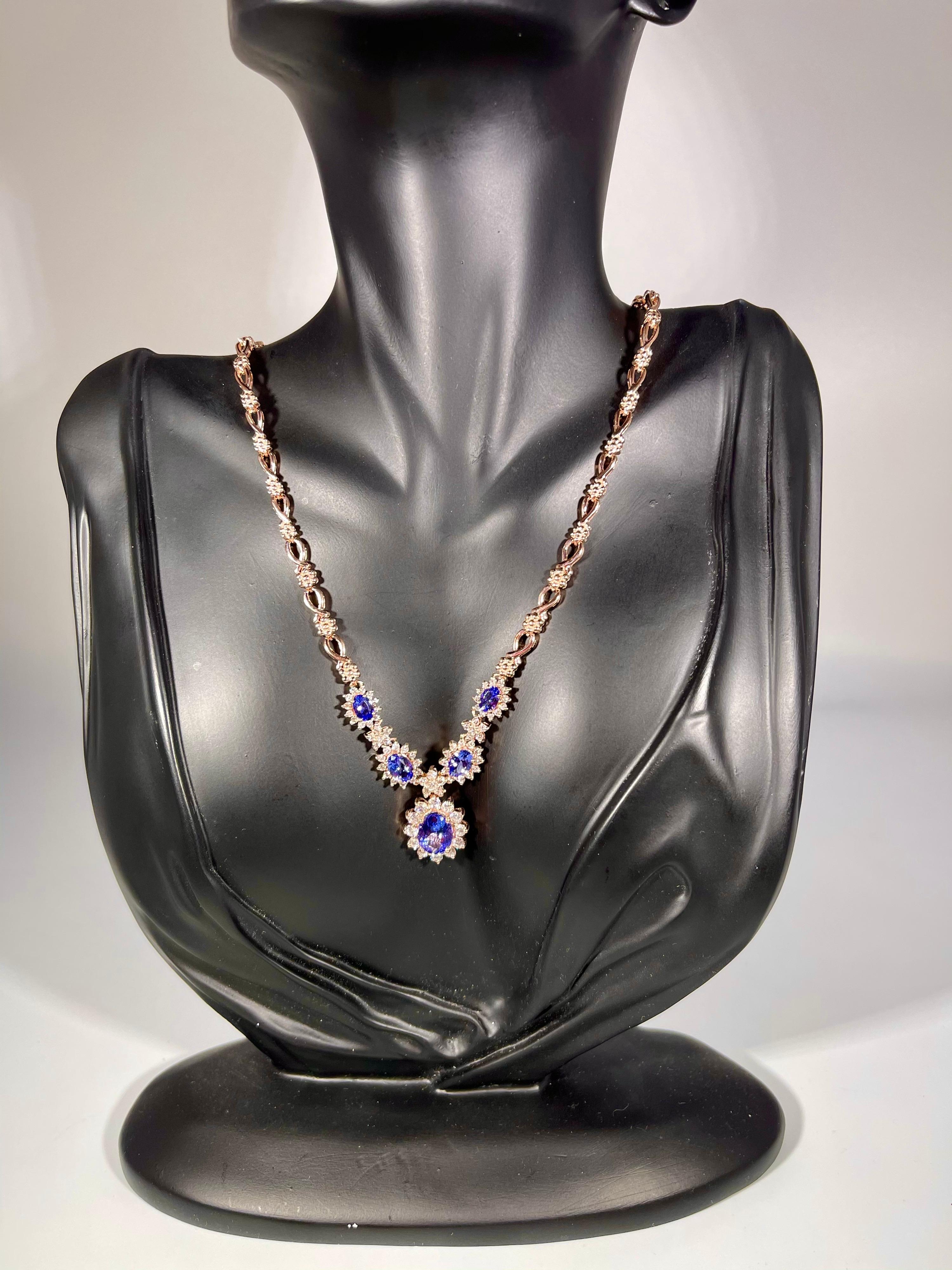 Effy's 5.5 Carat Oval Natural Tanzanite & 2.2 Ct Diamond Necklace 14 Karat Gold For Sale 5