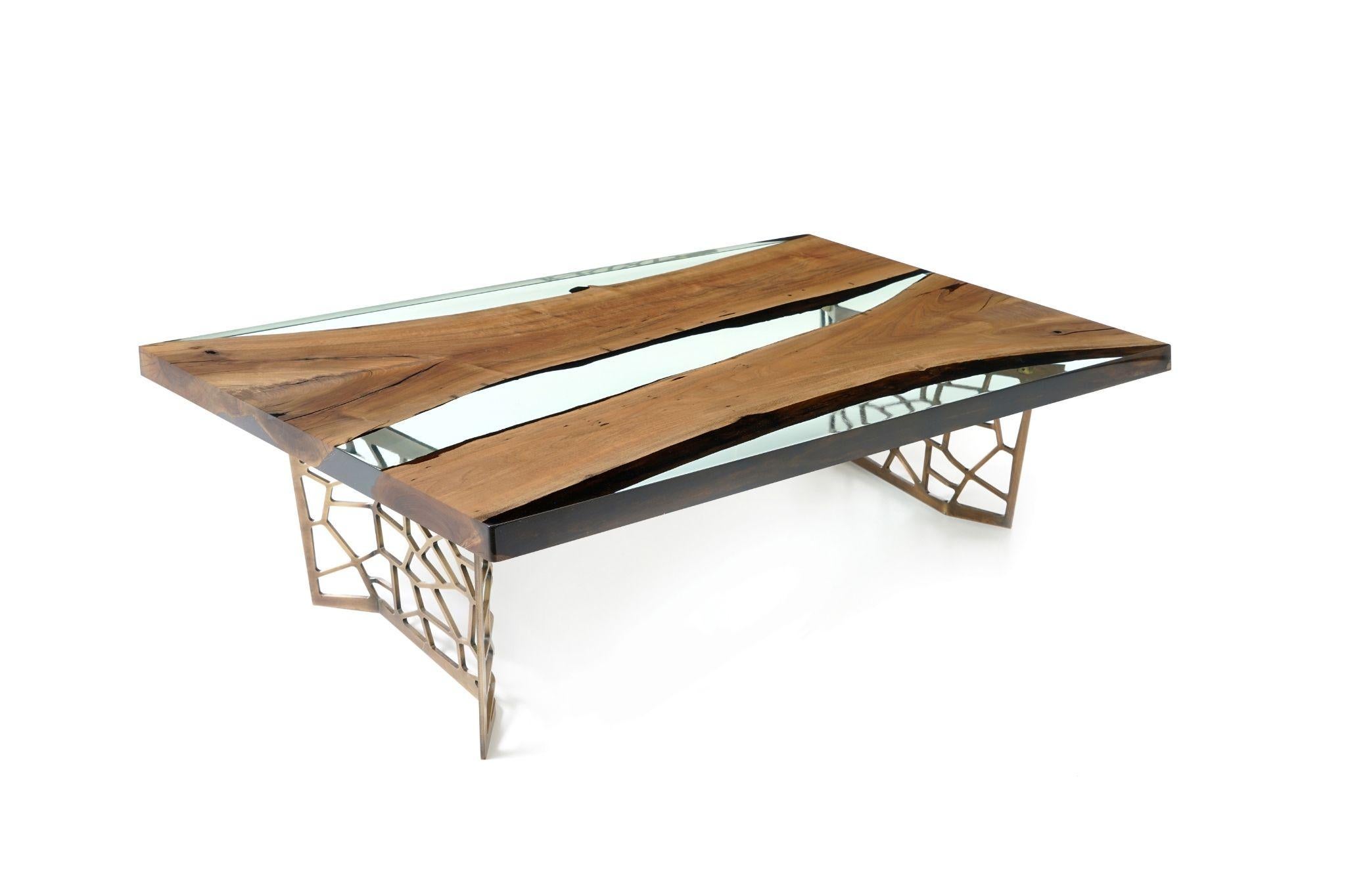 Hand-Crafted Efil Coffee Table: Great Aluminum Walnut Resin Coffee Table For Sale