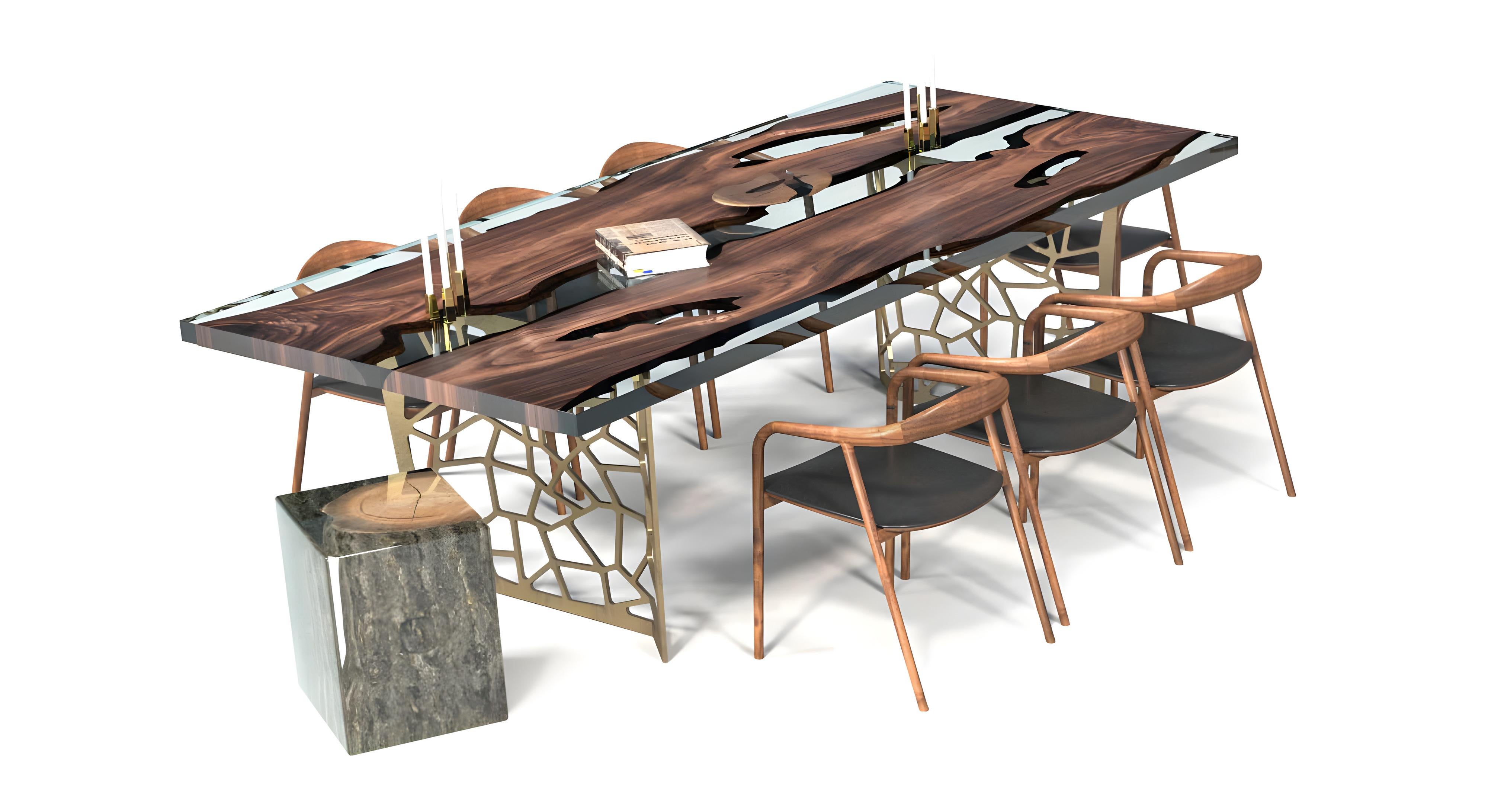 Aluminum Efil Dining Table: Embedded Walnut Resin Table For Sale