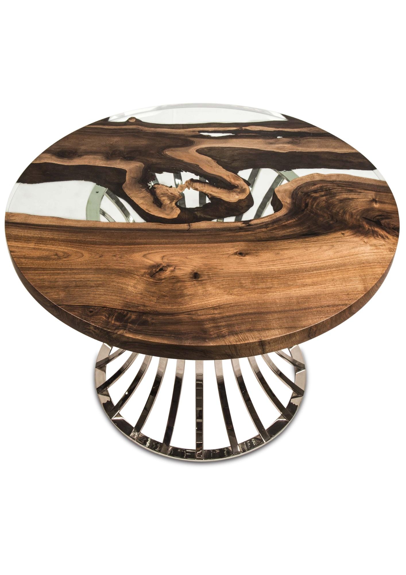 Organic Modern Efil Round Dining Table: Premium Olive Wood, Chrome For Sale