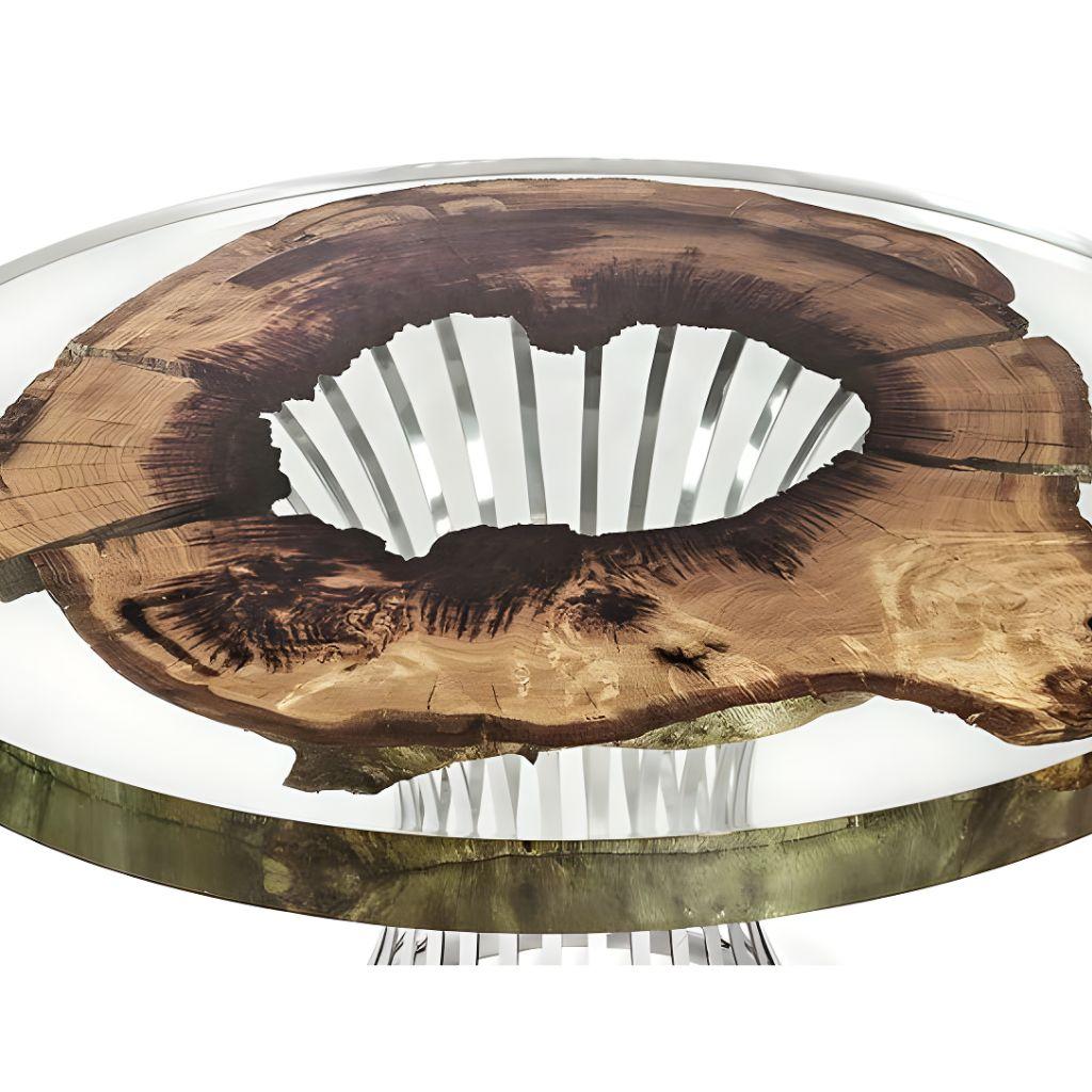 Turc Table de salle à manger ronde Efil : bois d'olivier premium, chrome en vente